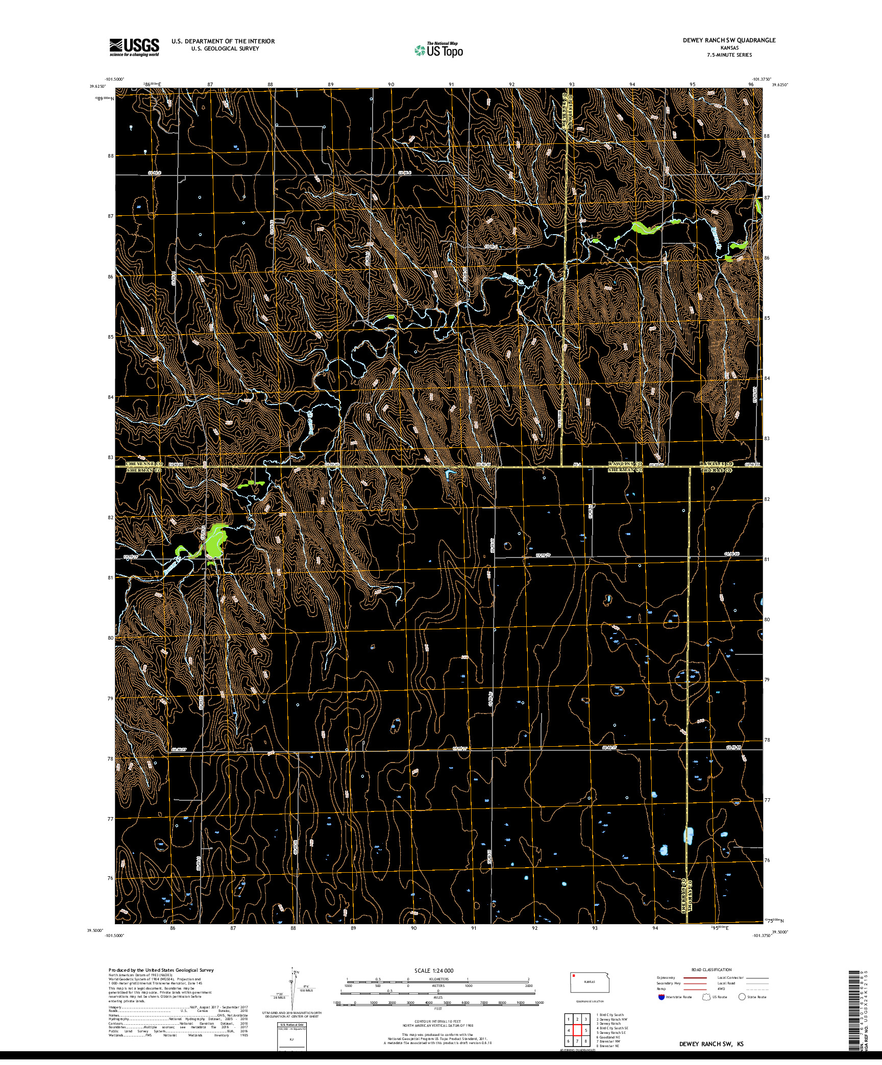 USGS US TOPO 7.5-MINUTE MAP FOR DEWEY RANCH SW, KS 2018