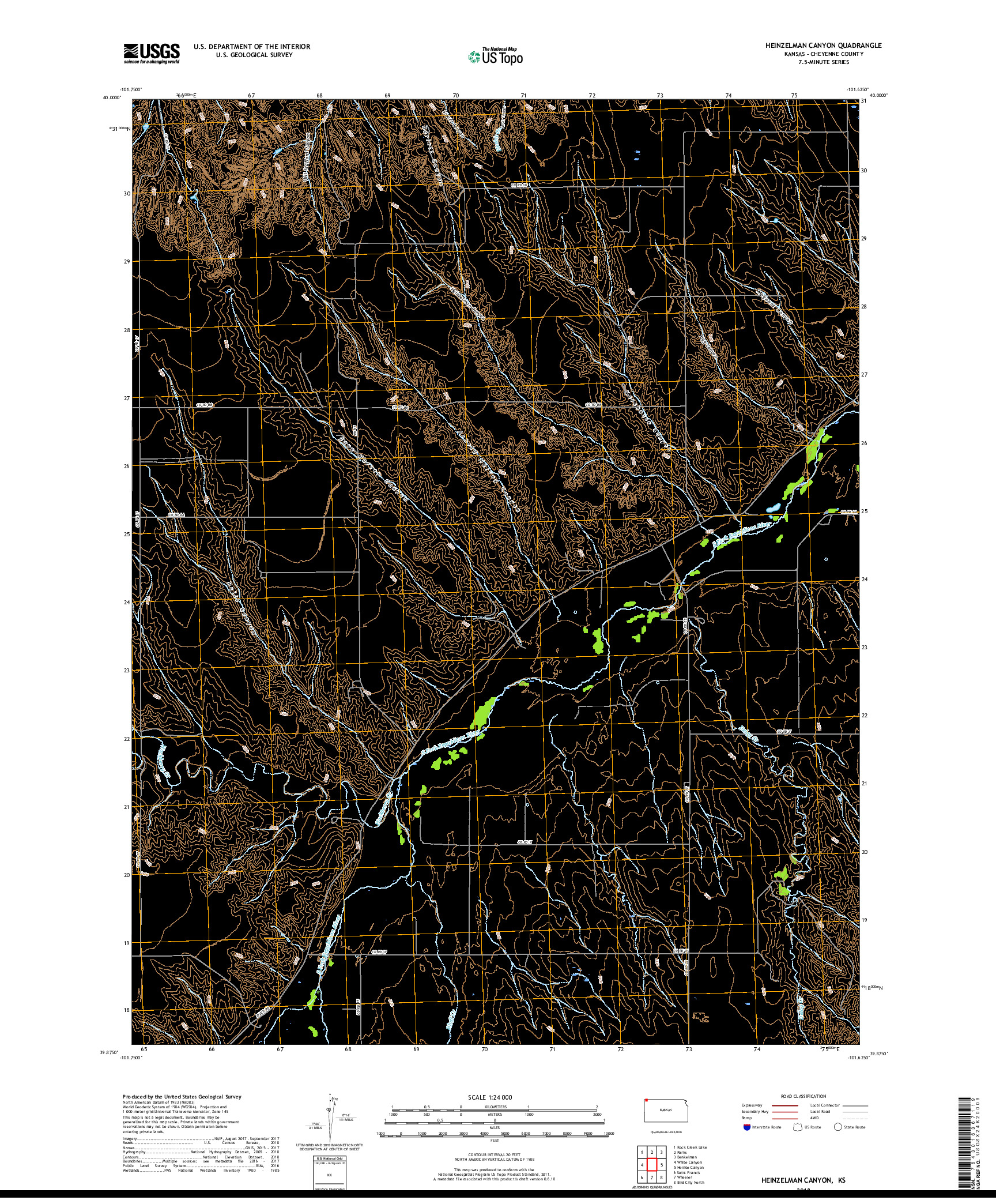 USGS US TOPO 7.5-MINUTE MAP FOR HEINZELMAN CANYON, KS 2018