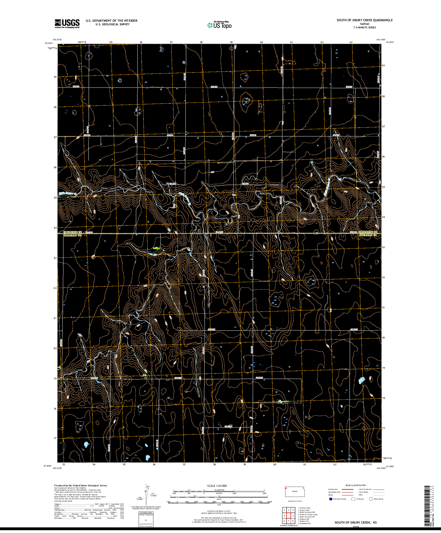 USGS US TOPO 7.5-MINUTE MAP FOR SOUTH OF DRURY CREEK, KS 2018