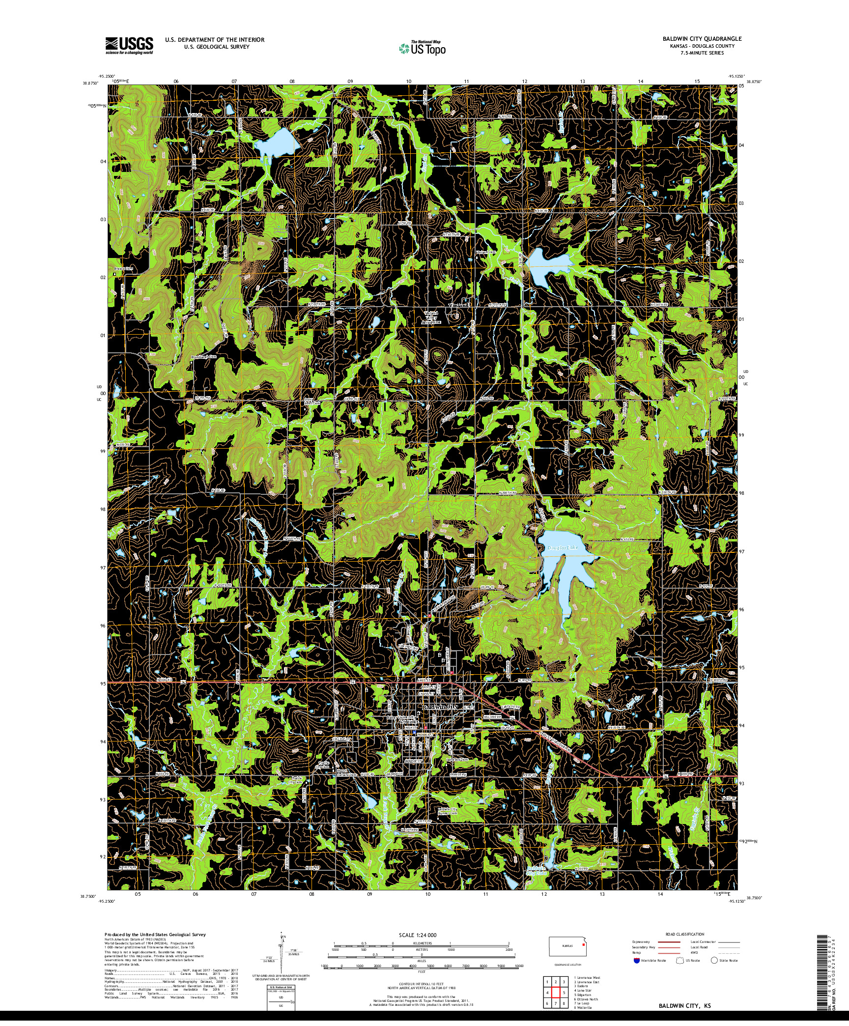 USGS US TOPO 7.5-MINUTE MAP FOR BALDWIN CITY, KS 2018