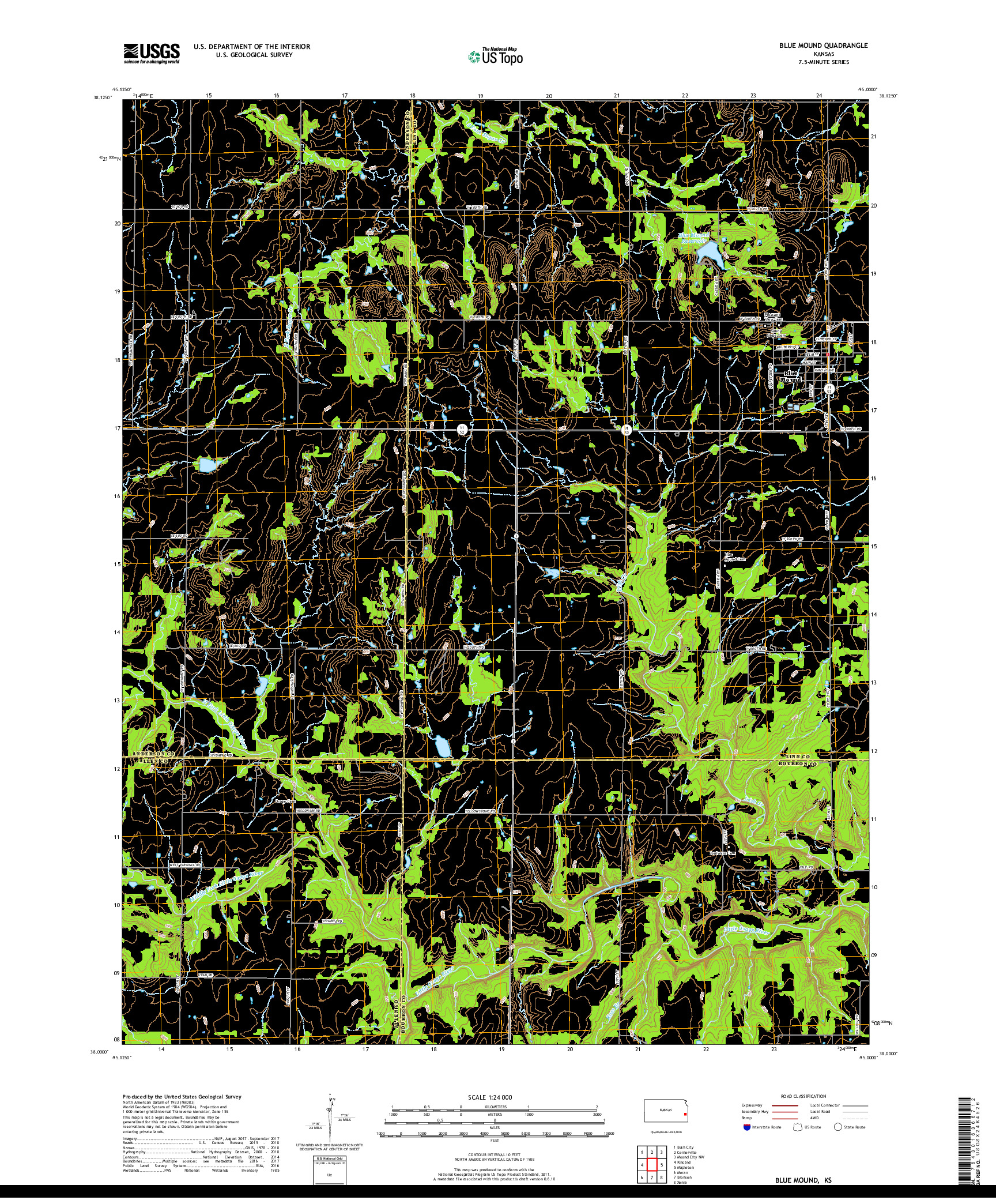 USGS US TOPO 7.5-MINUTE MAP FOR BLUE MOUND, KS 2018