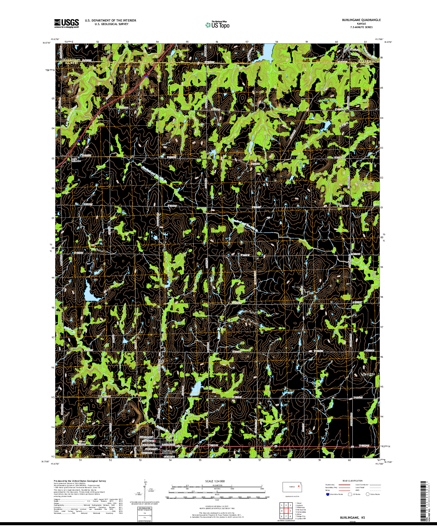 USGS US TOPO 7.5-MINUTE MAP FOR BURLINGAME, KS 2018