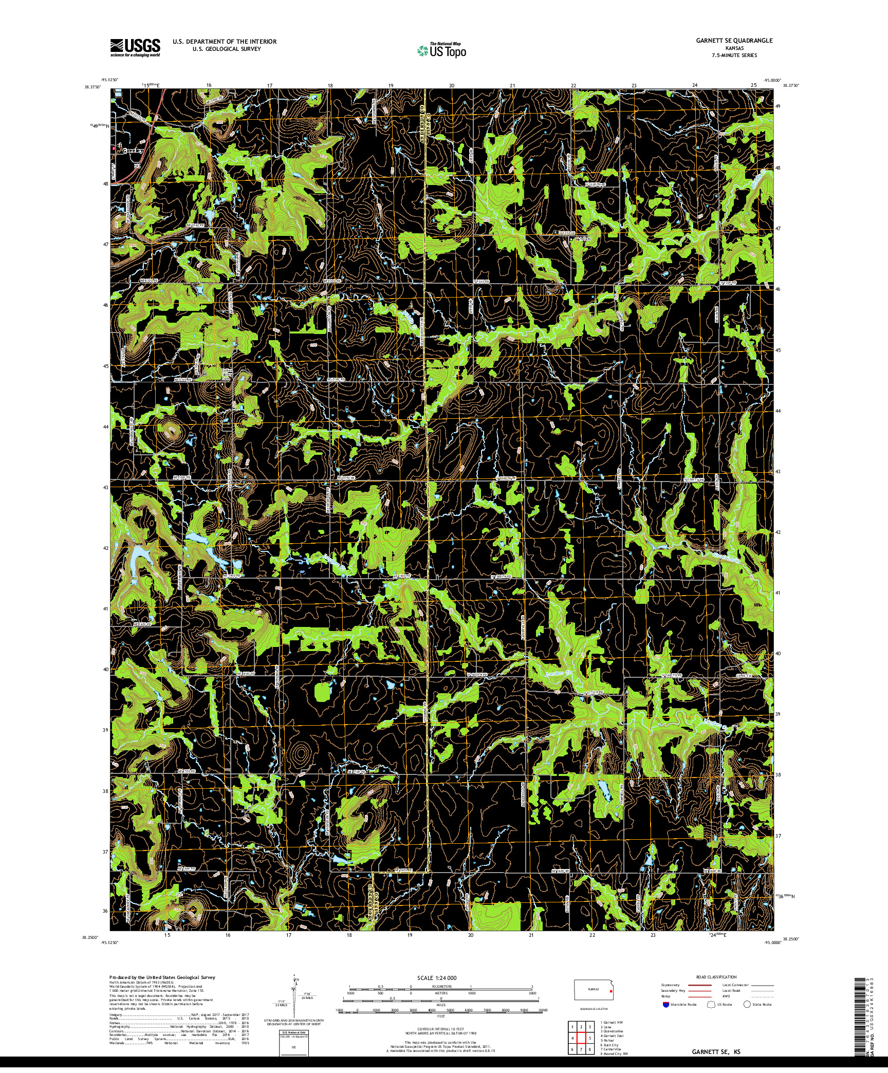 USGS US TOPO 7.5-MINUTE MAP FOR GARNETT SE, KS 2018