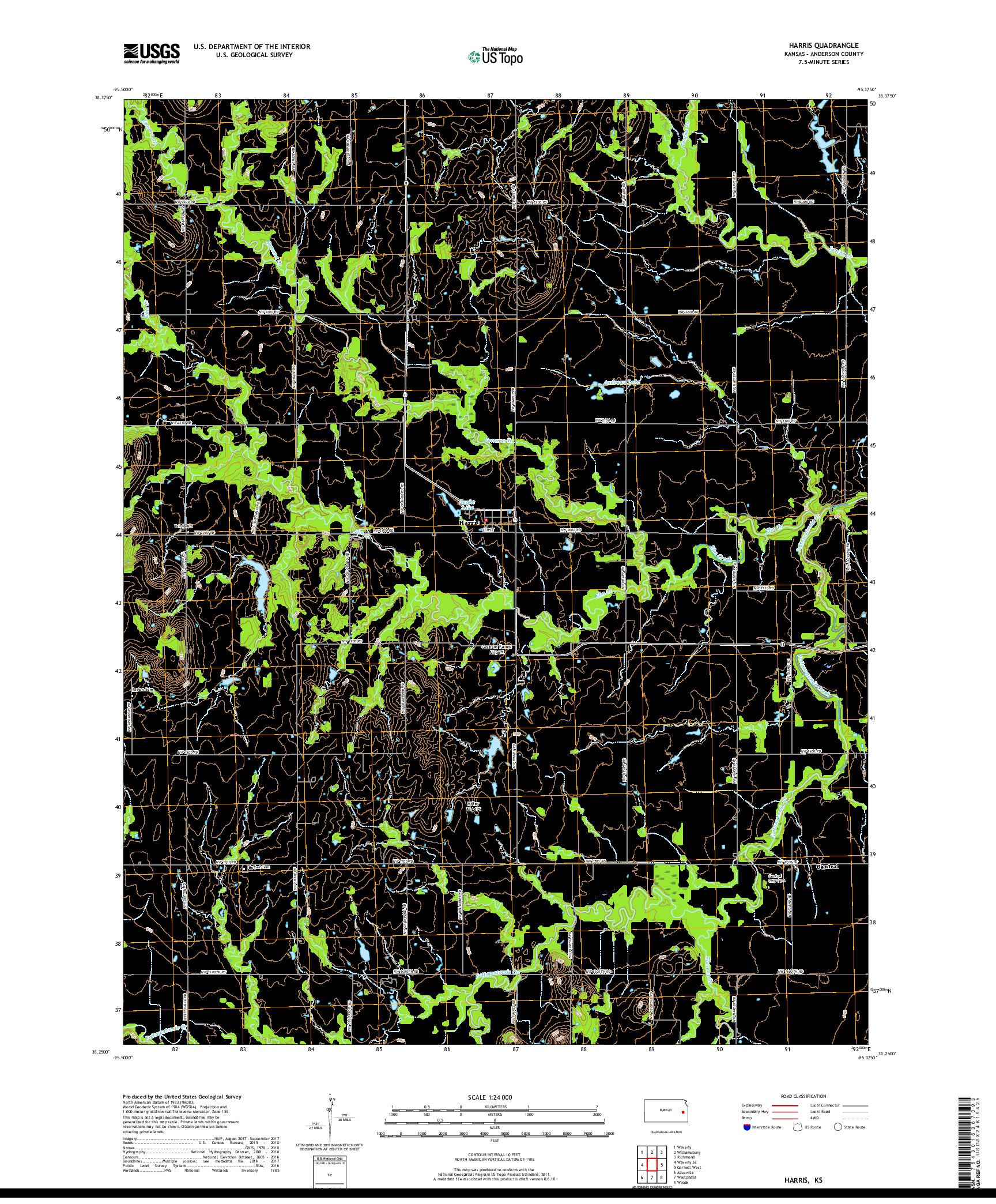 USGS US TOPO 7.5-MINUTE MAP FOR HARRIS, KS 2018