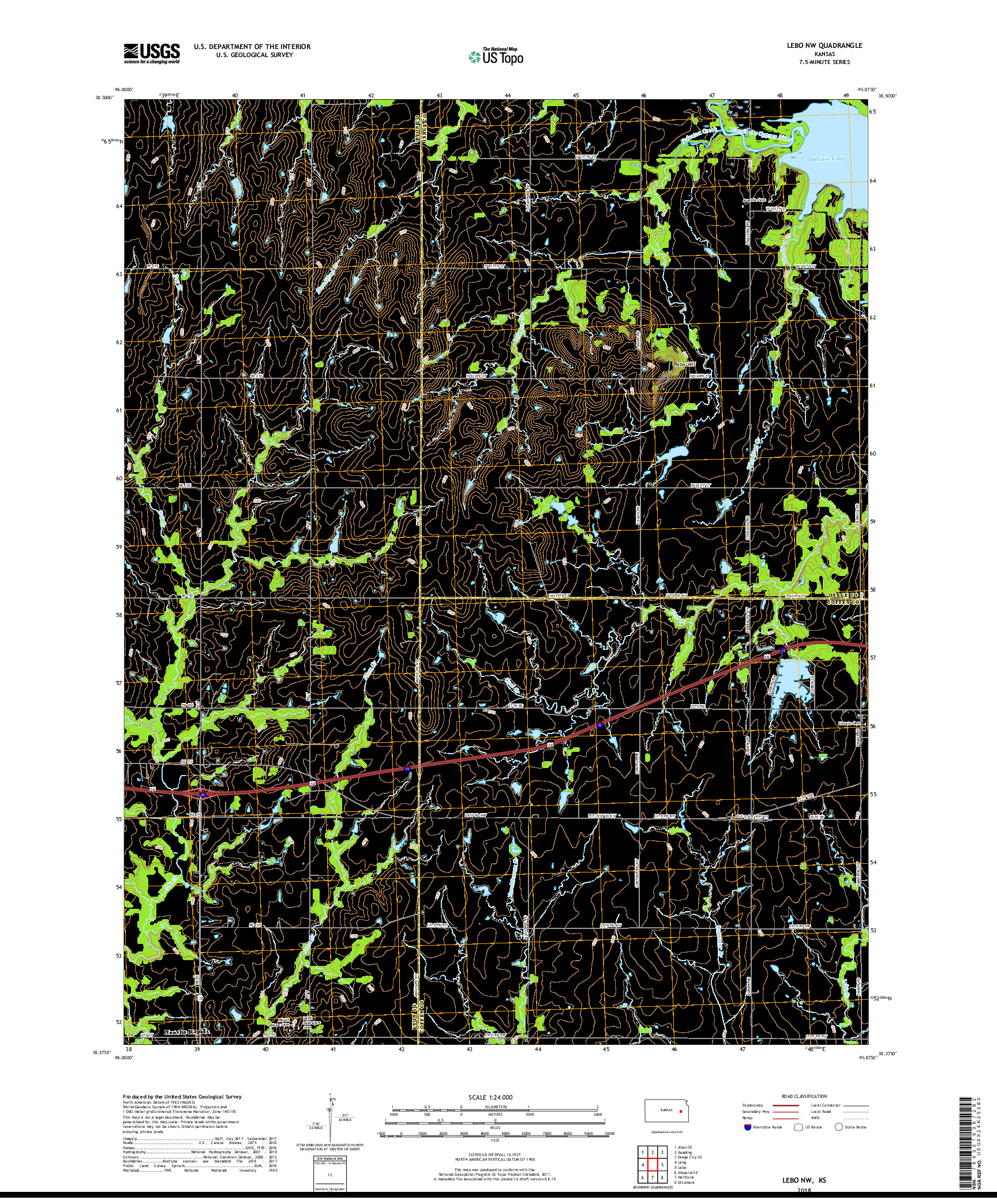 USGS US TOPO 7.5-MINUTE MAP FOR LEBO NW, KS 2018