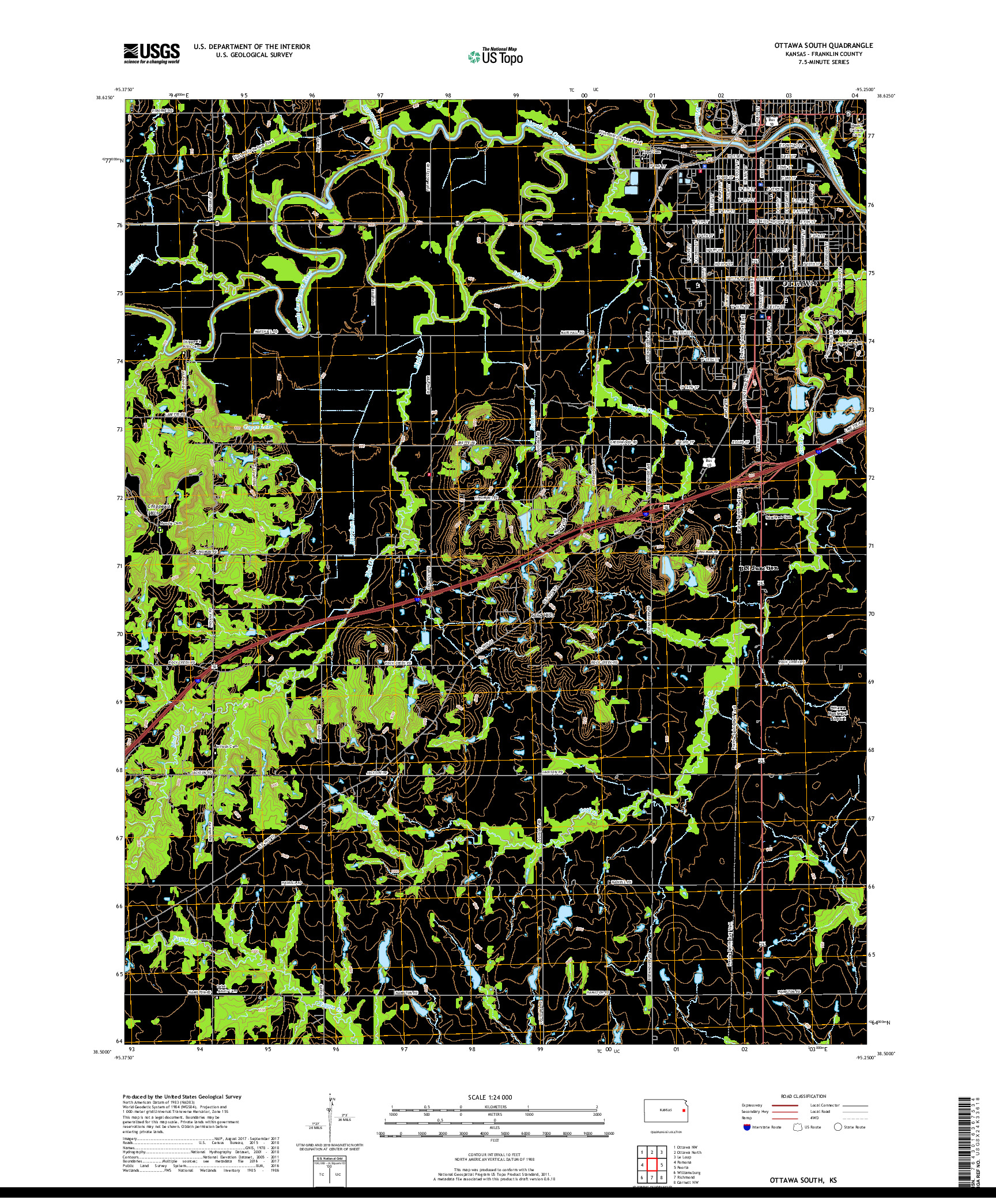 USGS US TOPO 7.5-MINUTE MAP FOR OTTAWA SOUTH, KS 2018