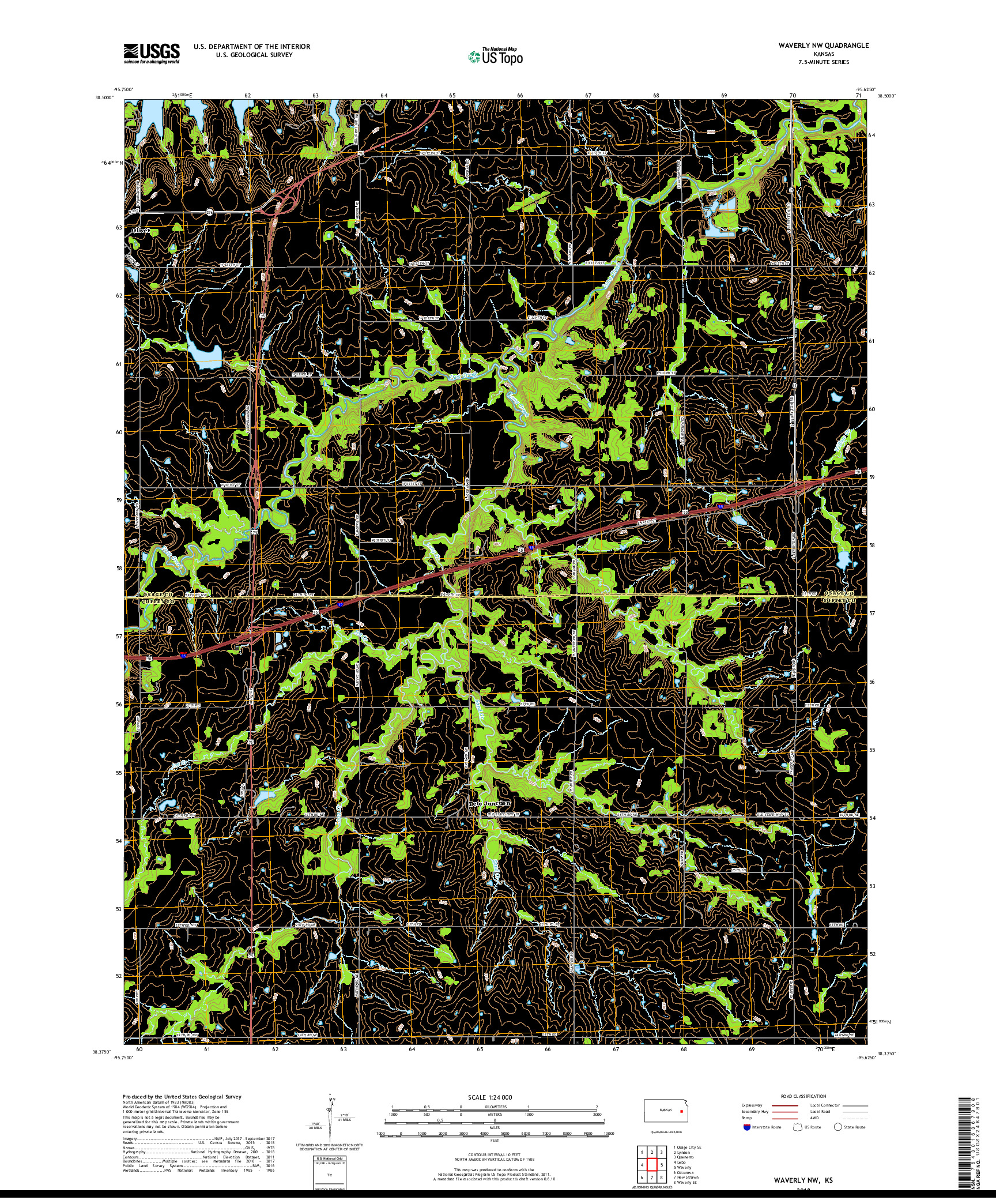 USGS US TOPO 7.5-MINUTE MAP FOR WAVERLY NW, KS 2018