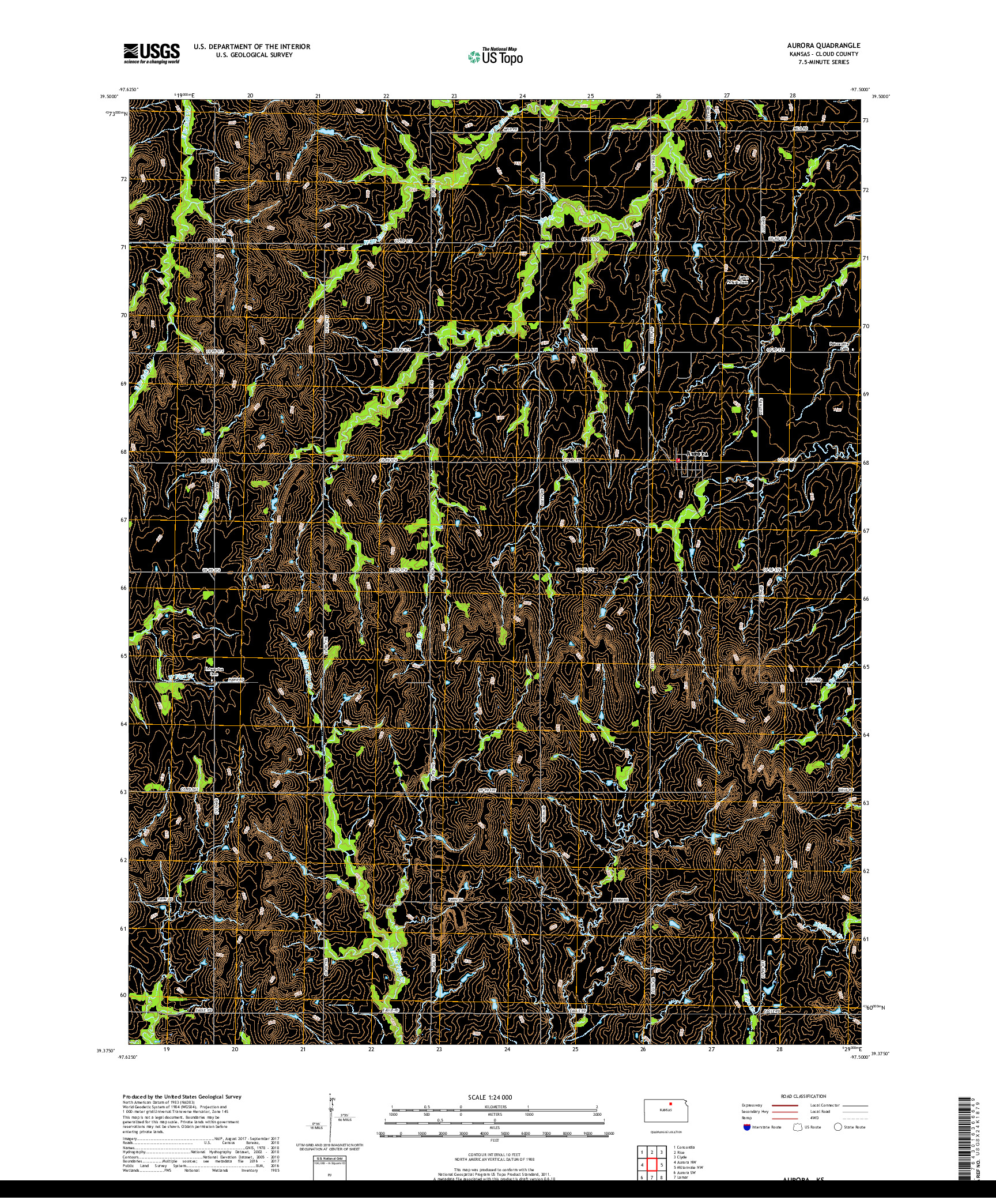 USGS US TOPO 7.5-MINUTE MAP FOR AURORA, KS 2018