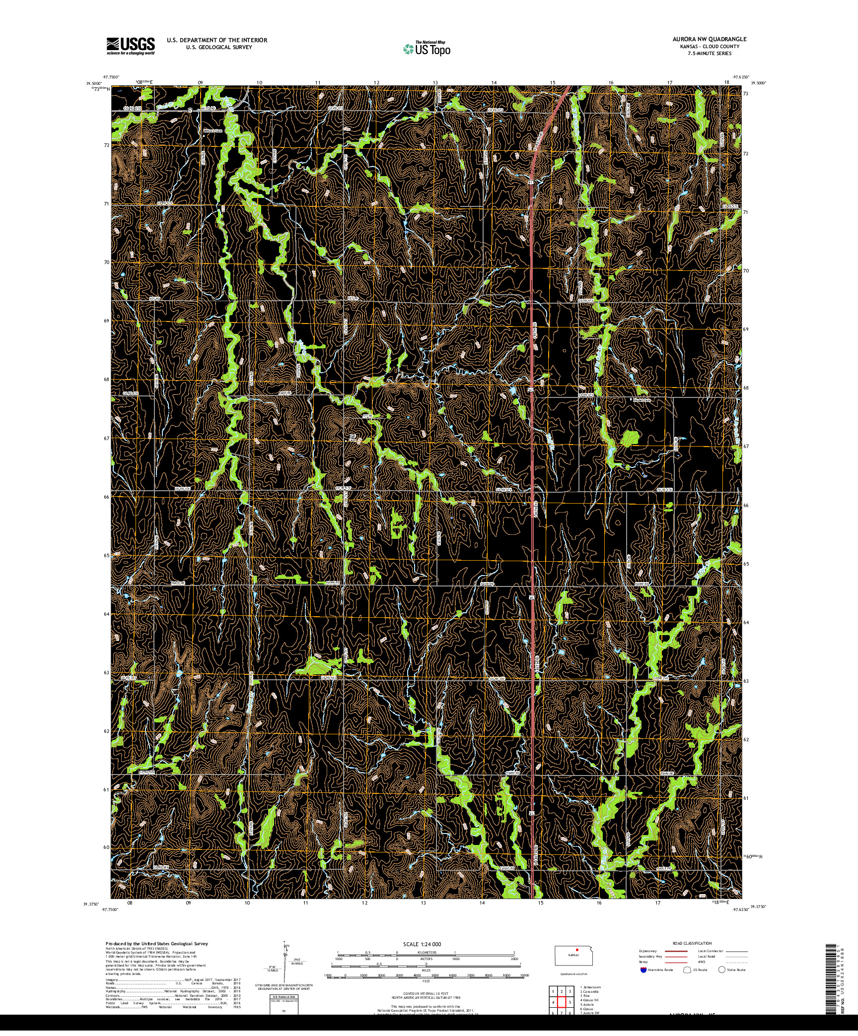 USGS US TOPO 7.5-MINUTE MAP FOR AURORA NW, KS 2018