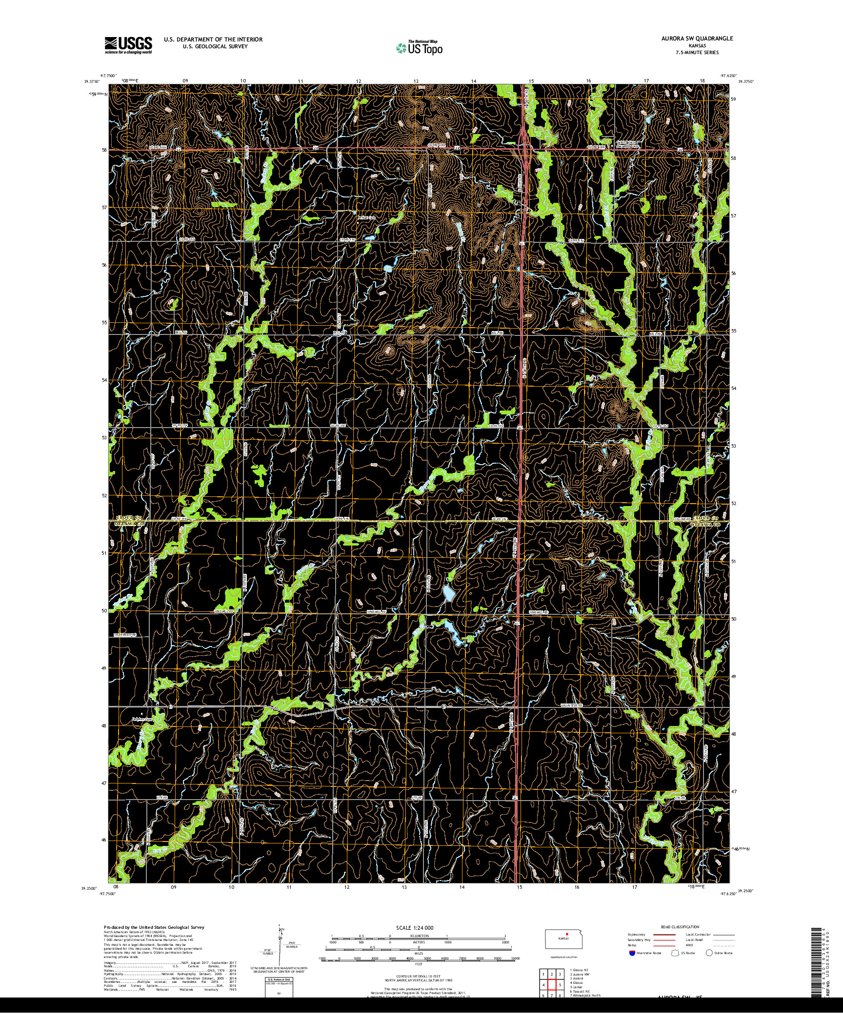 USGS US TOPO 7.5-MINUTE MAP FOR AURORA SW, KS 2018