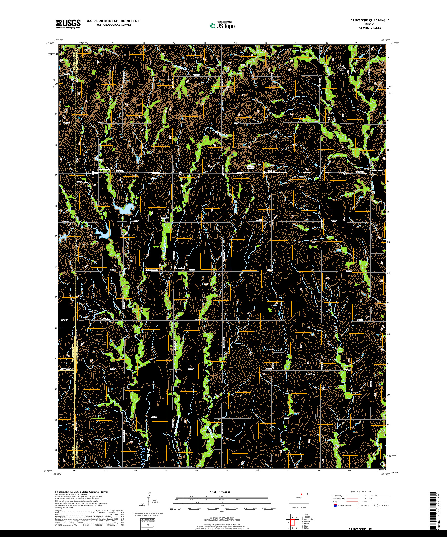 USGS US TOPO 7.5-MINUTE MAP FOR BRANTFORD, KS 2018