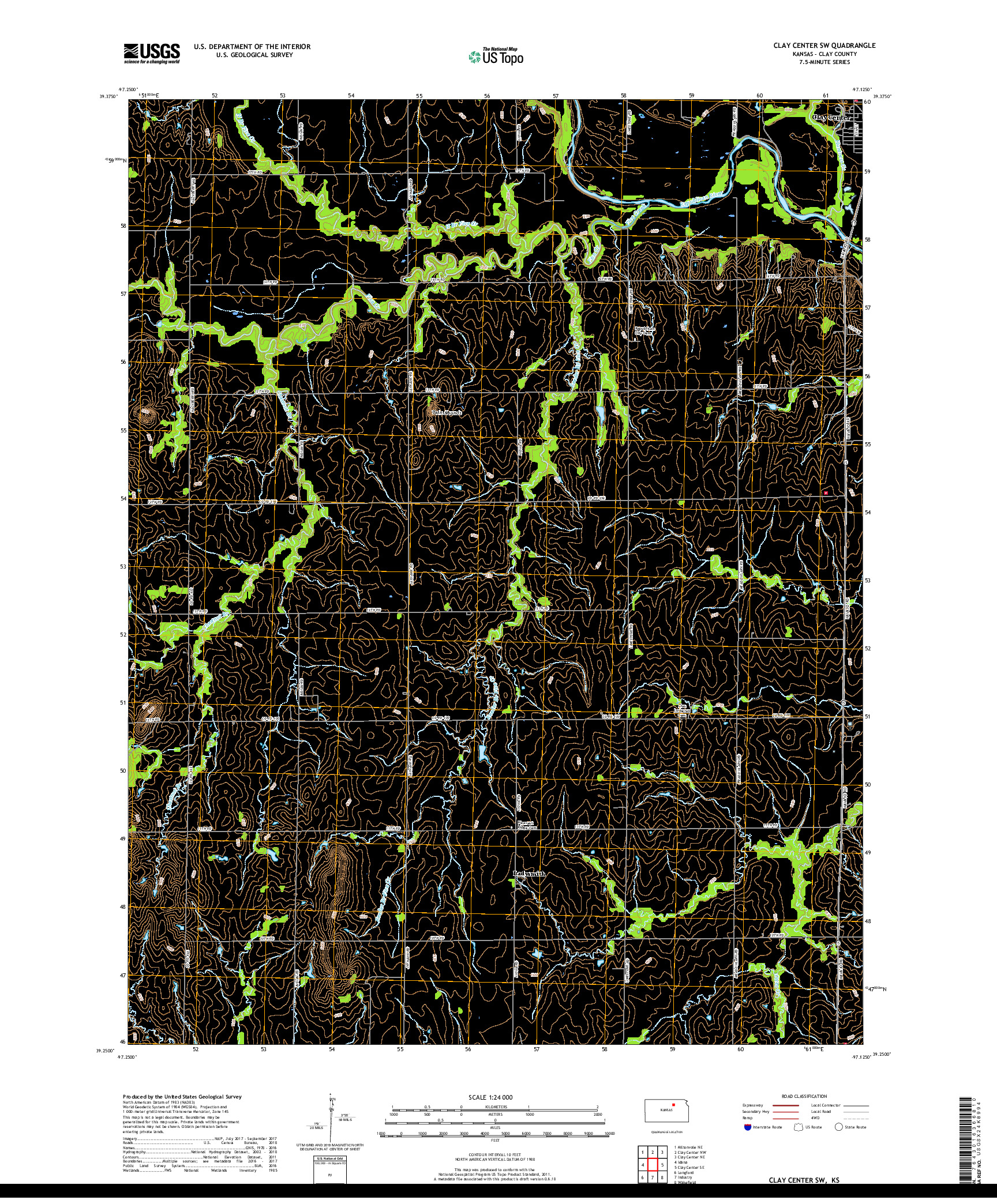 USGS US TOPO 7.5-MINUTE MAP FOR CLAY CENTER SW, KS 2018