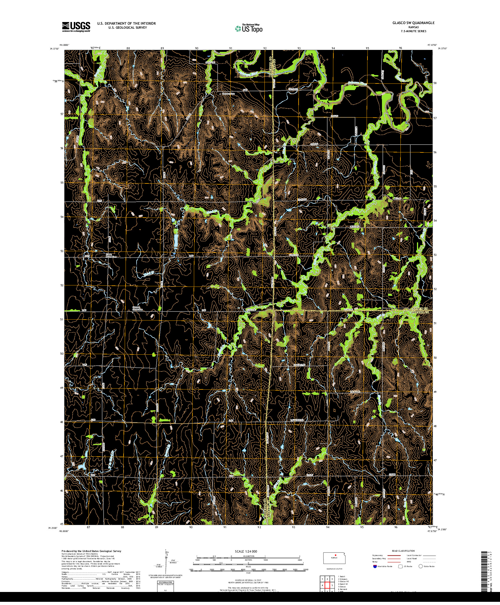 USGS US TOPO 7.5-MINUTE MAP FOR GLASCO SW, KS 2018