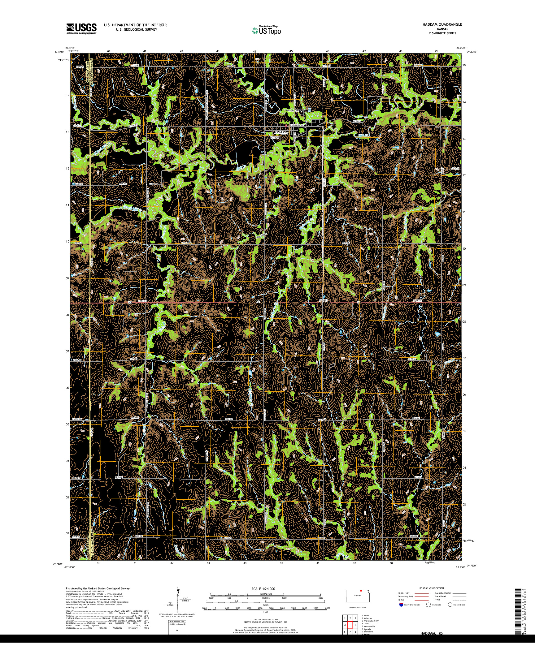 USGS US TOPO 7.5-MINUTE MAP FOR HADDAM, KS 2018