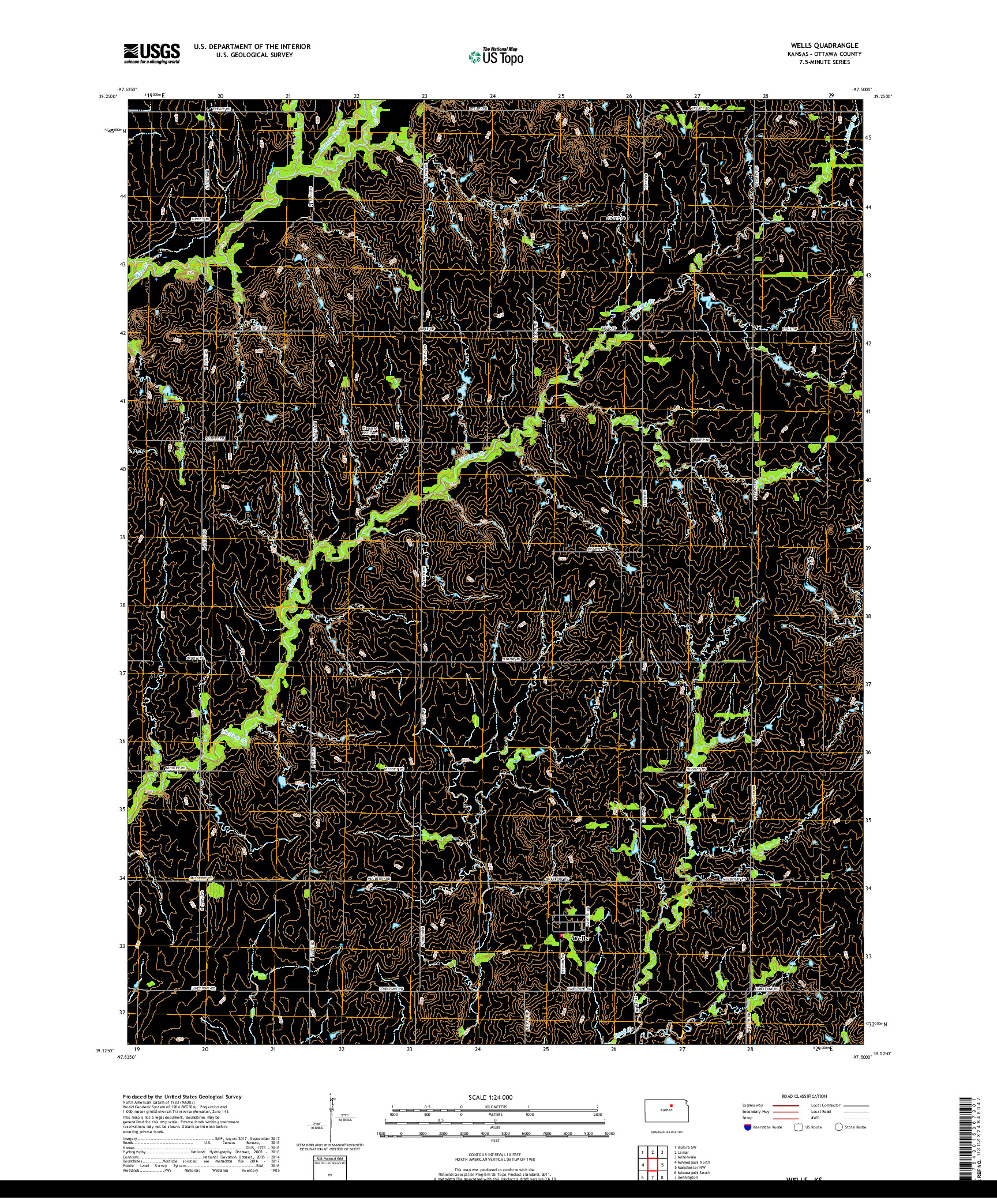 USGS US TOPO 7.5-MINUTE MAP FOR WELLS, KS 2018