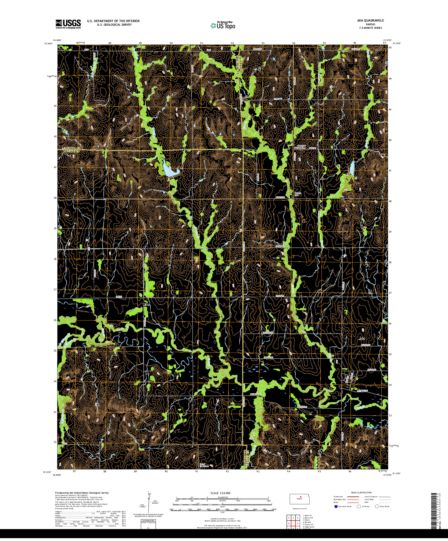 USGS US TOPO 7.5-MINUTE MAP FOR ADA, KS 2018