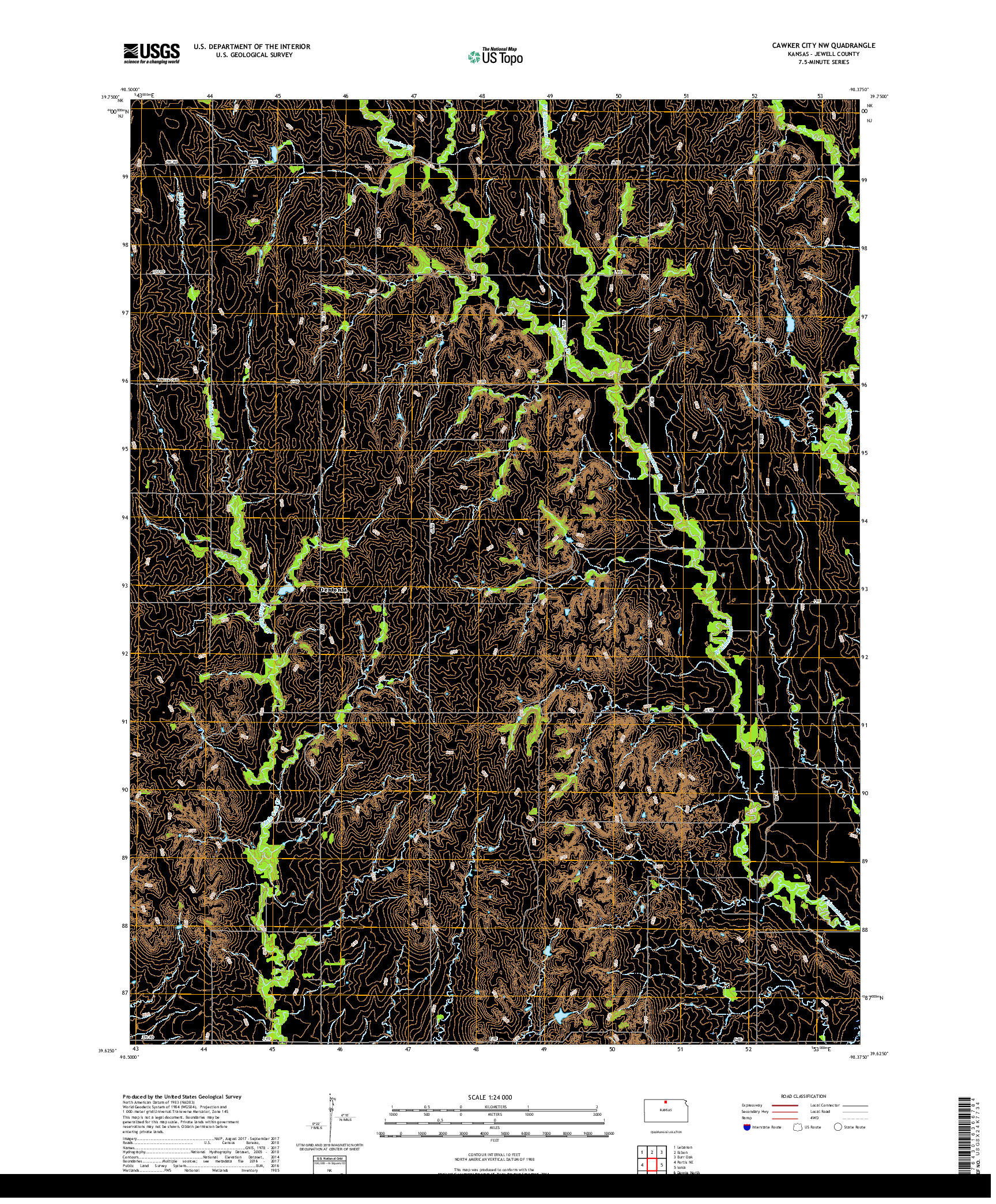 USGS US TOPO 7.5-MINUTE MAP FOR CAWKER CITY NW, KS 2018