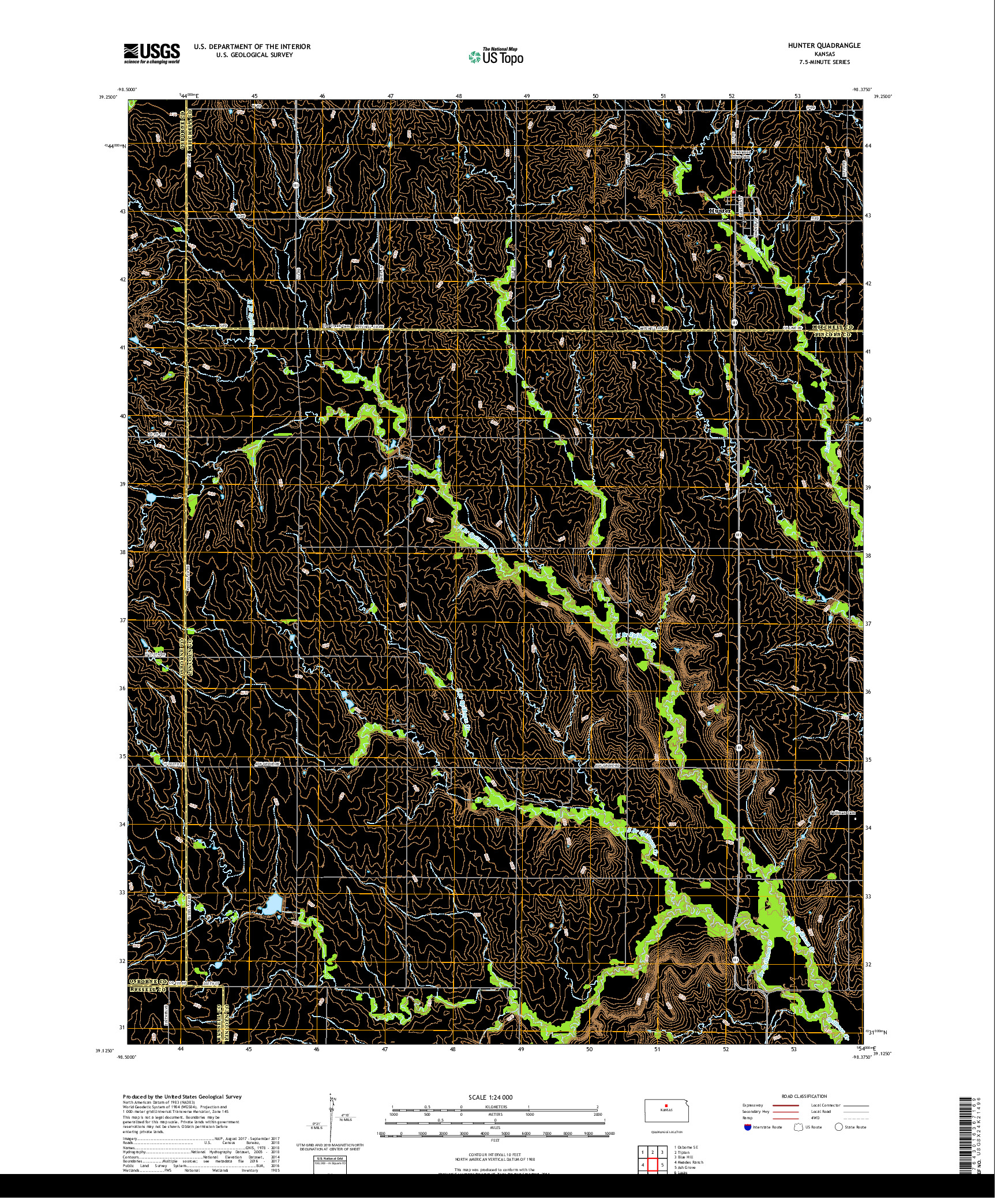 USGS US TOPO 7.5-MINUTE MAP FOR HUNTER, KS 2018