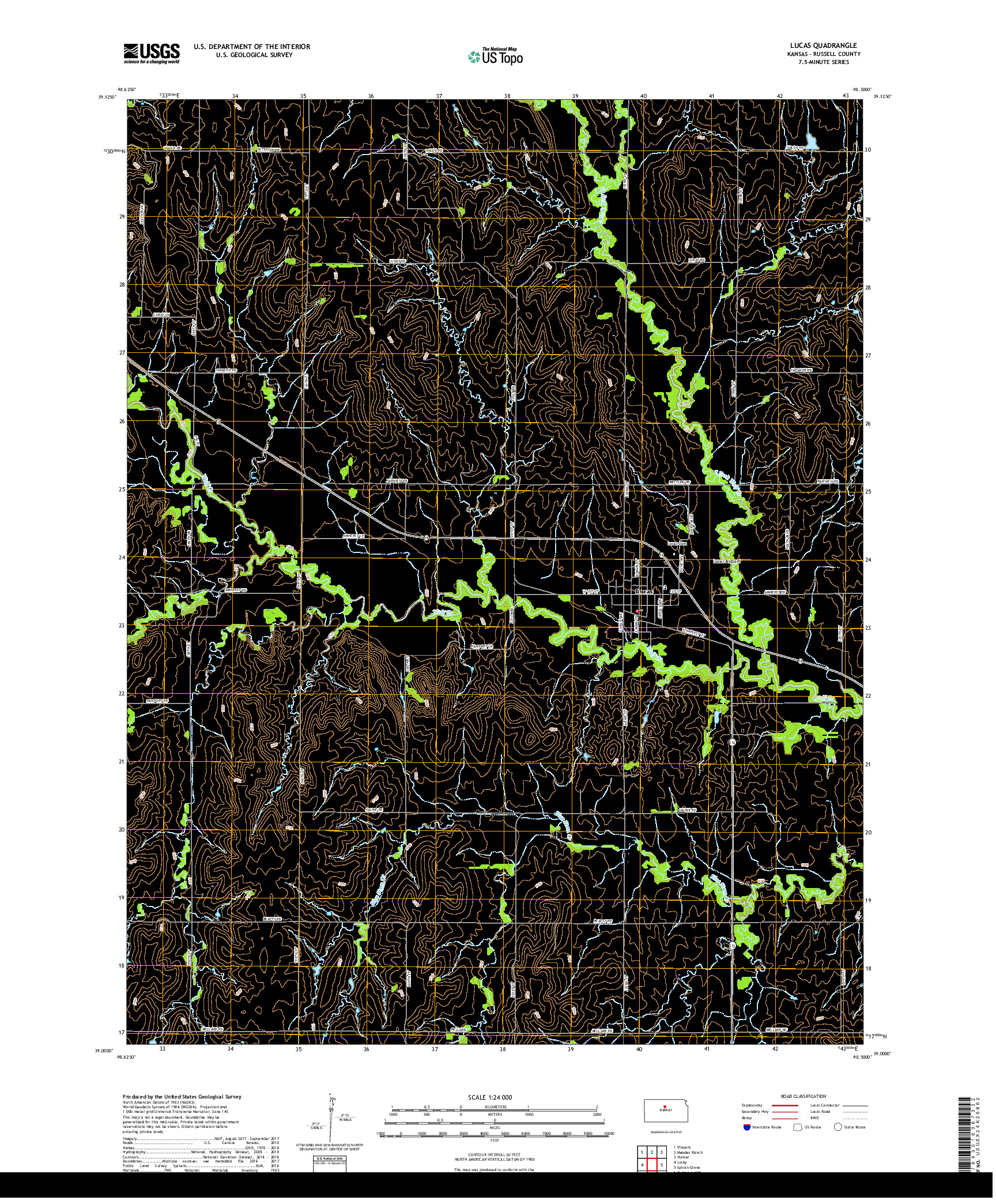 USGS US TOPO 7.5-MINUTE MAP FOR LUCAS, KS 2018