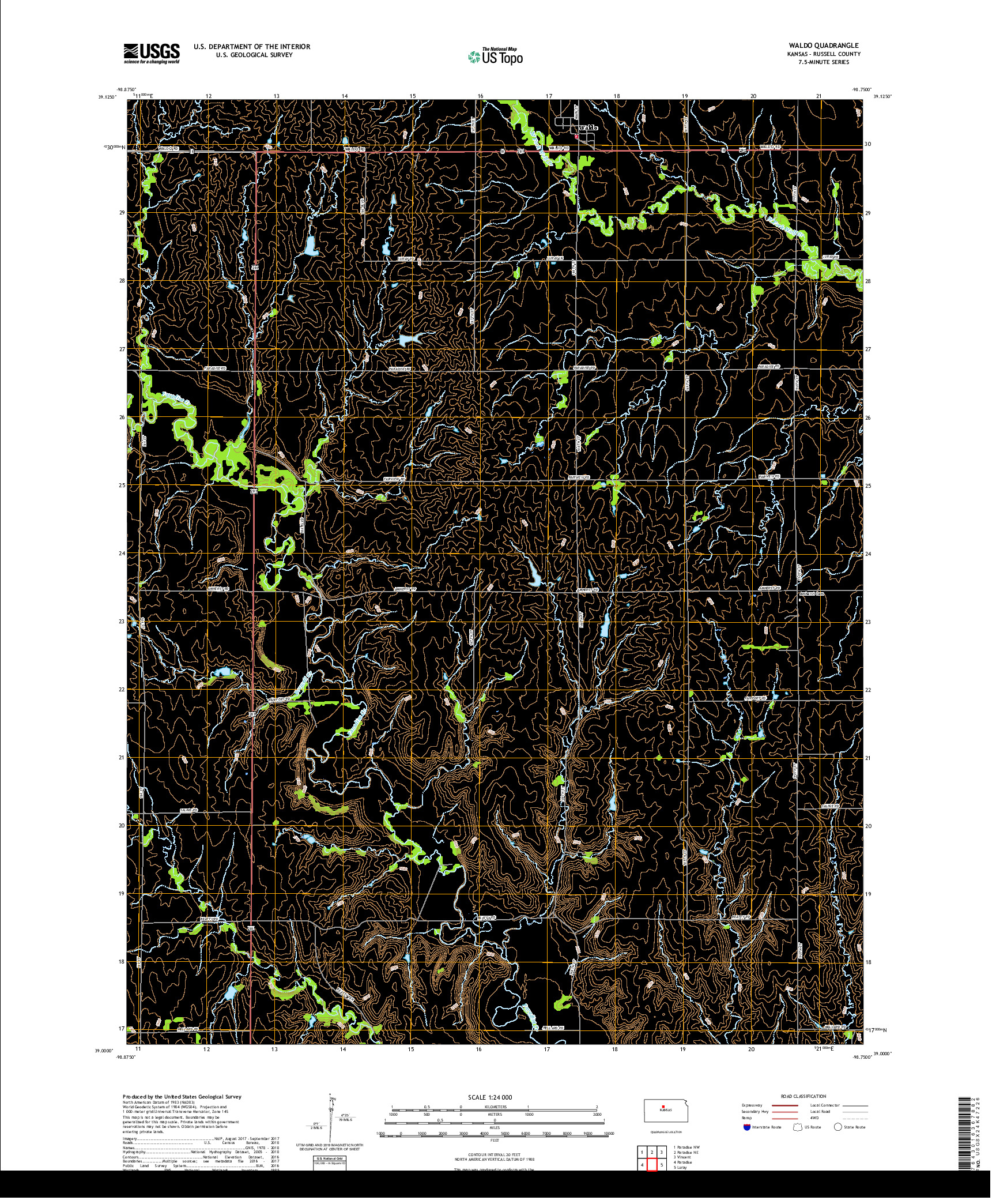 USGS US TOPO 7.5-MINUTE MAP FOR WALDO, KS 2018