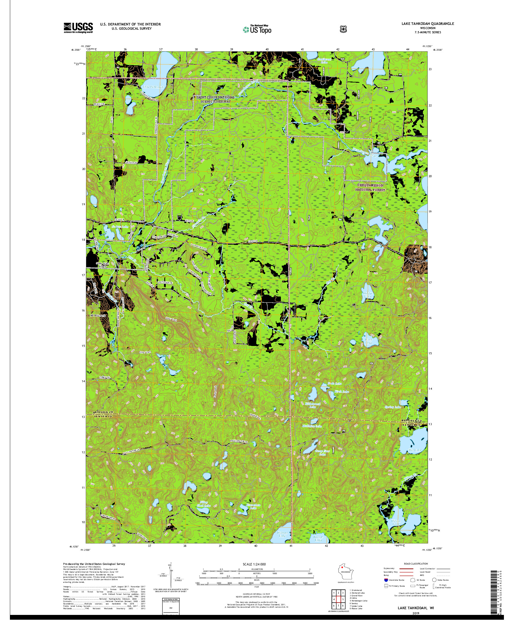 USGS US TOPO 7.5-MINUTE MAP FOR LAKE TAHKODAH, WI 2019