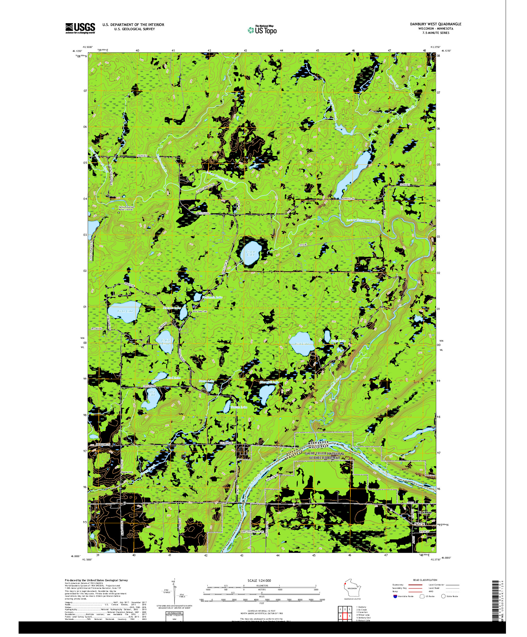 USGS US TOPO 7.5-MINUTE MAP FOR DANBURY WEST, WI,MN 2019