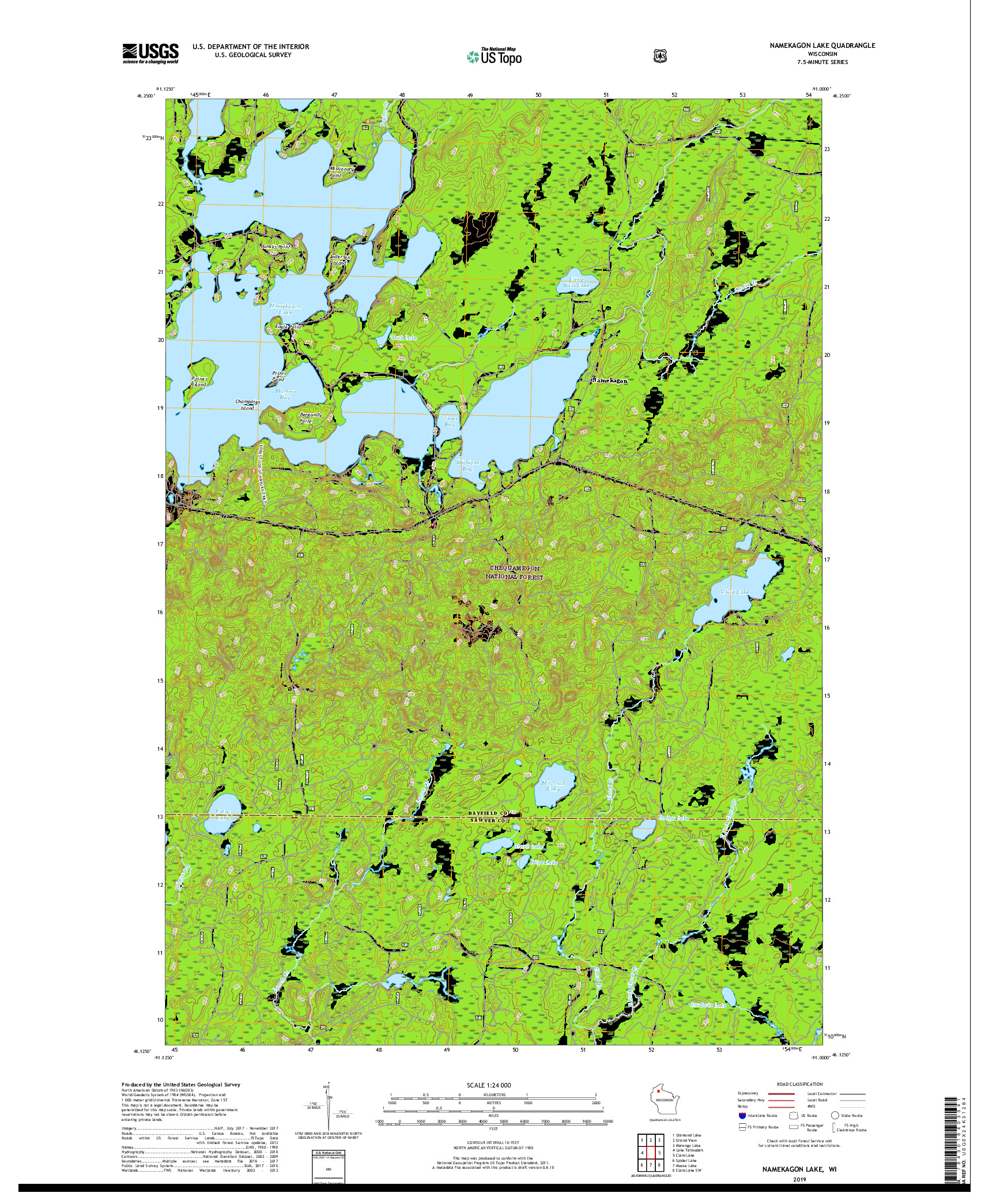 USGS US TOPO 7.5-MINUTE MAP FOR NAMEKAGON LAKE, WI 2019