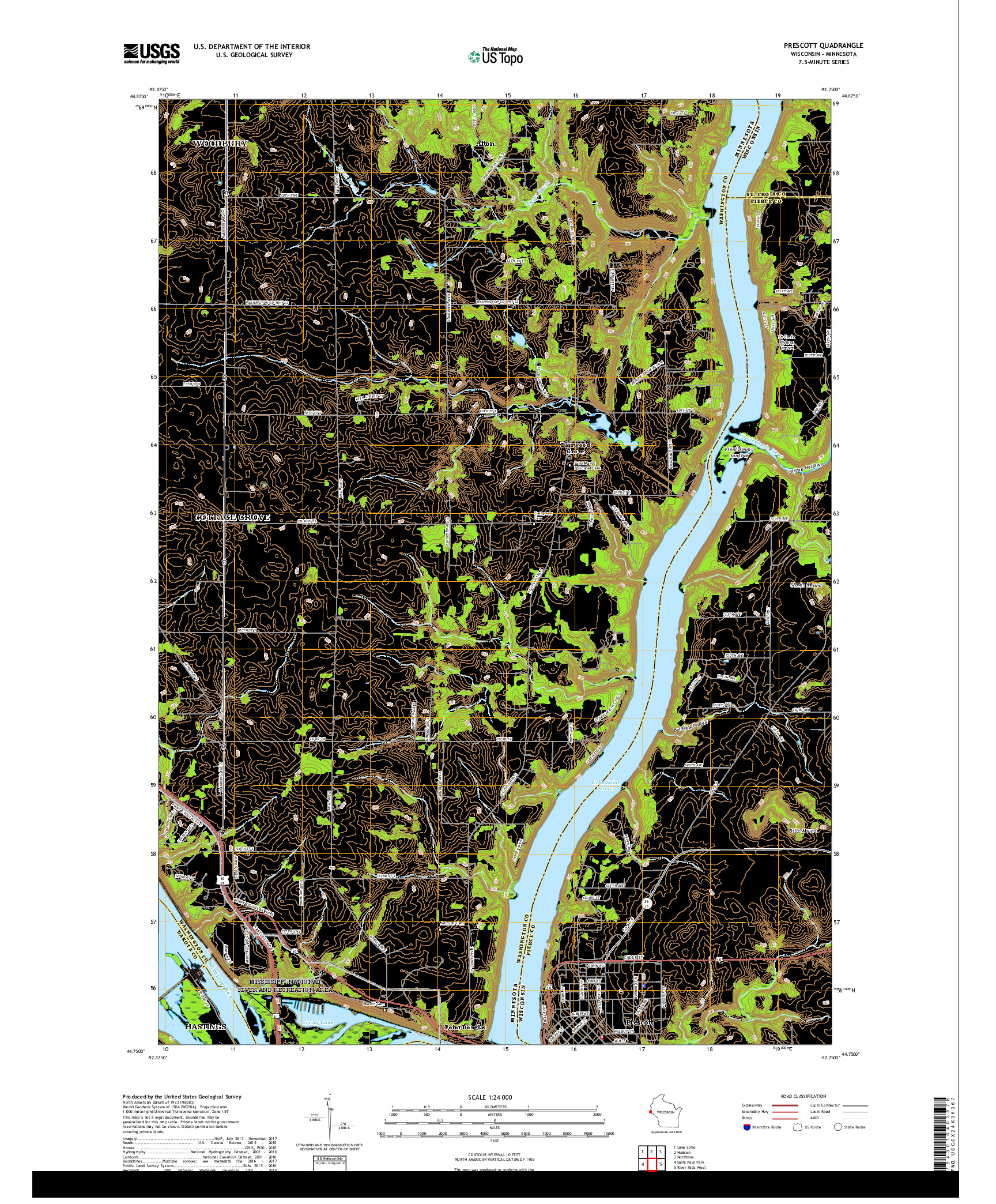 USGS US TOPO 7.5-MINUTE MAP FOR PRESCOTT, WI,MN 2019