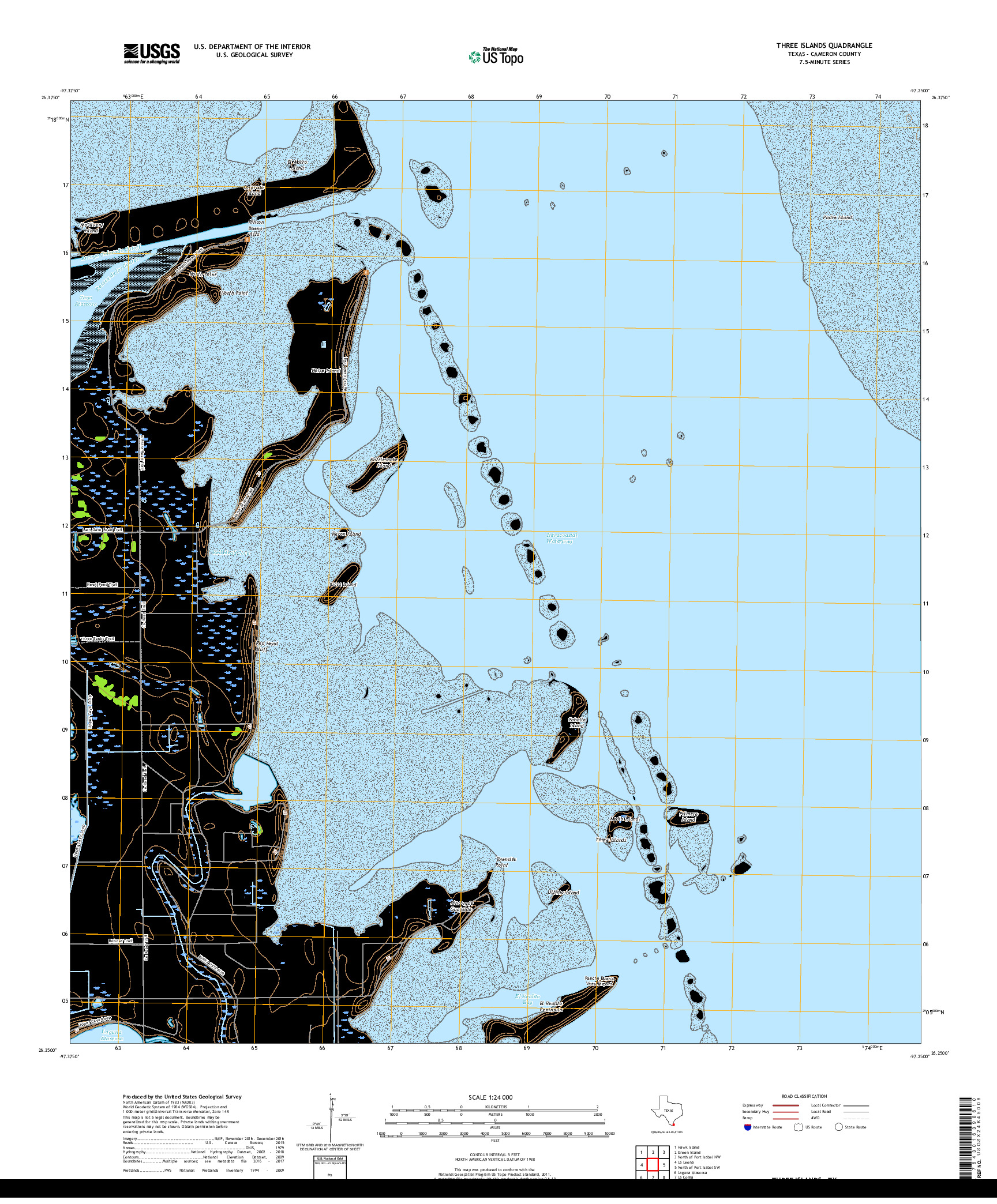 USGS US TOPO 7.5-MINUTE MAP FOR THREE ISLANDS, TX 2019