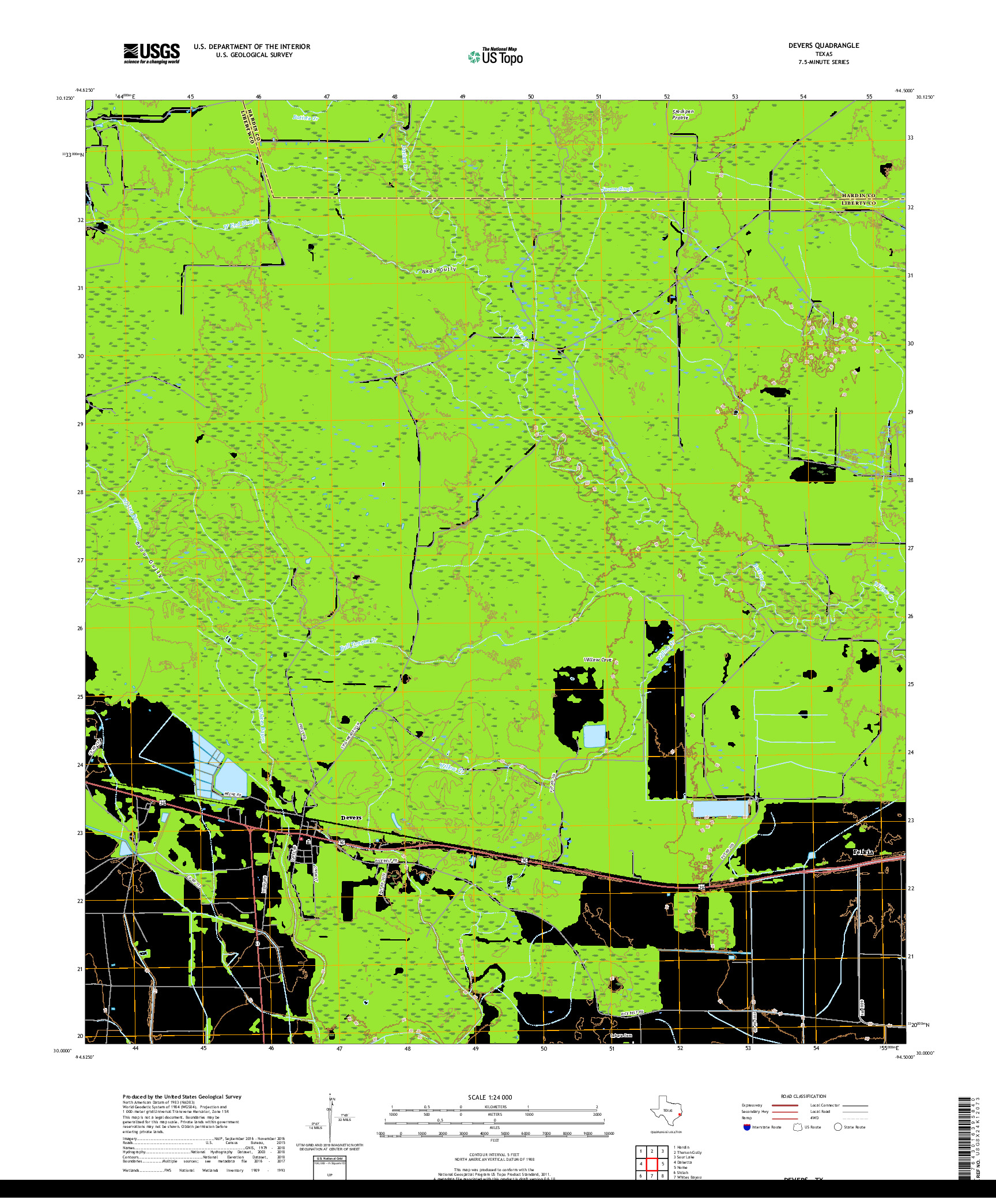 USGS US TOPO 7.5-MINUTE MAP FOR DEVERS, TX 2019
