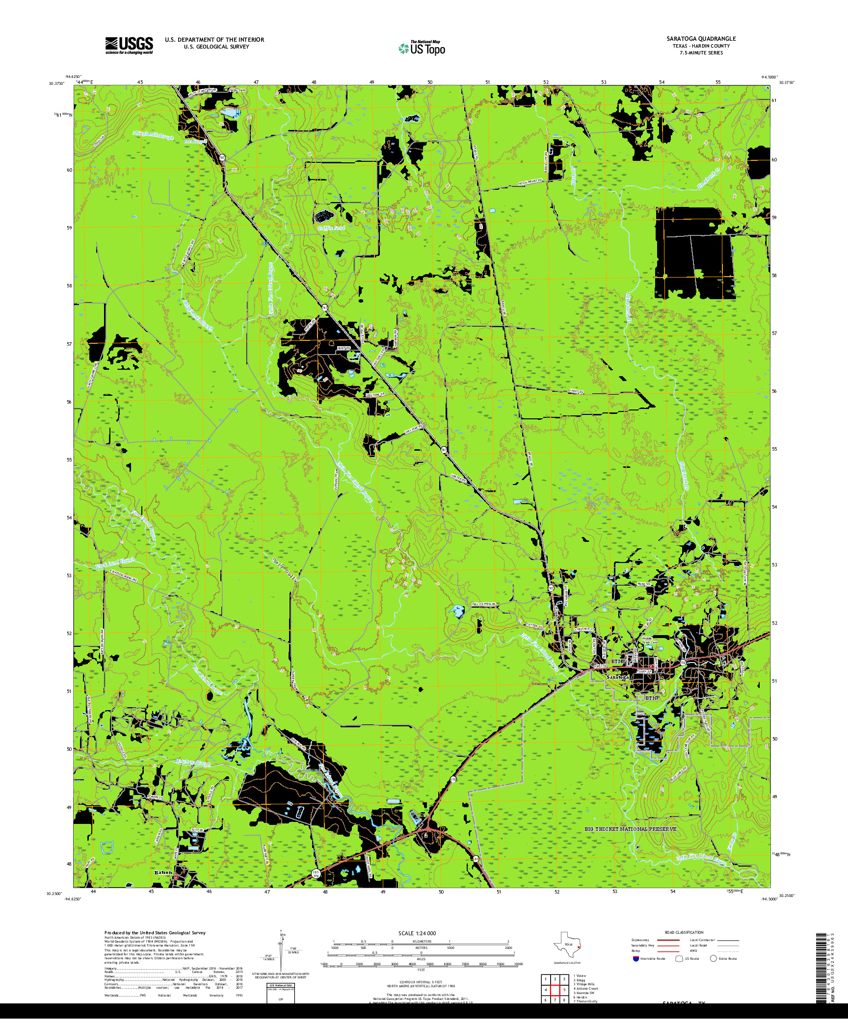 USGS US TOPO 7.5-MINUTE MAP FOR SARATOGA, TX 2019