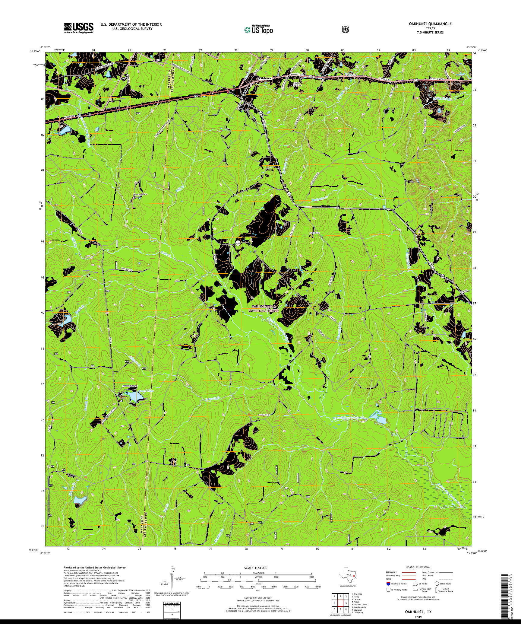 USGS US TOPO 7.5-MINUTE MAP FOR OAKHURST, TX 2019