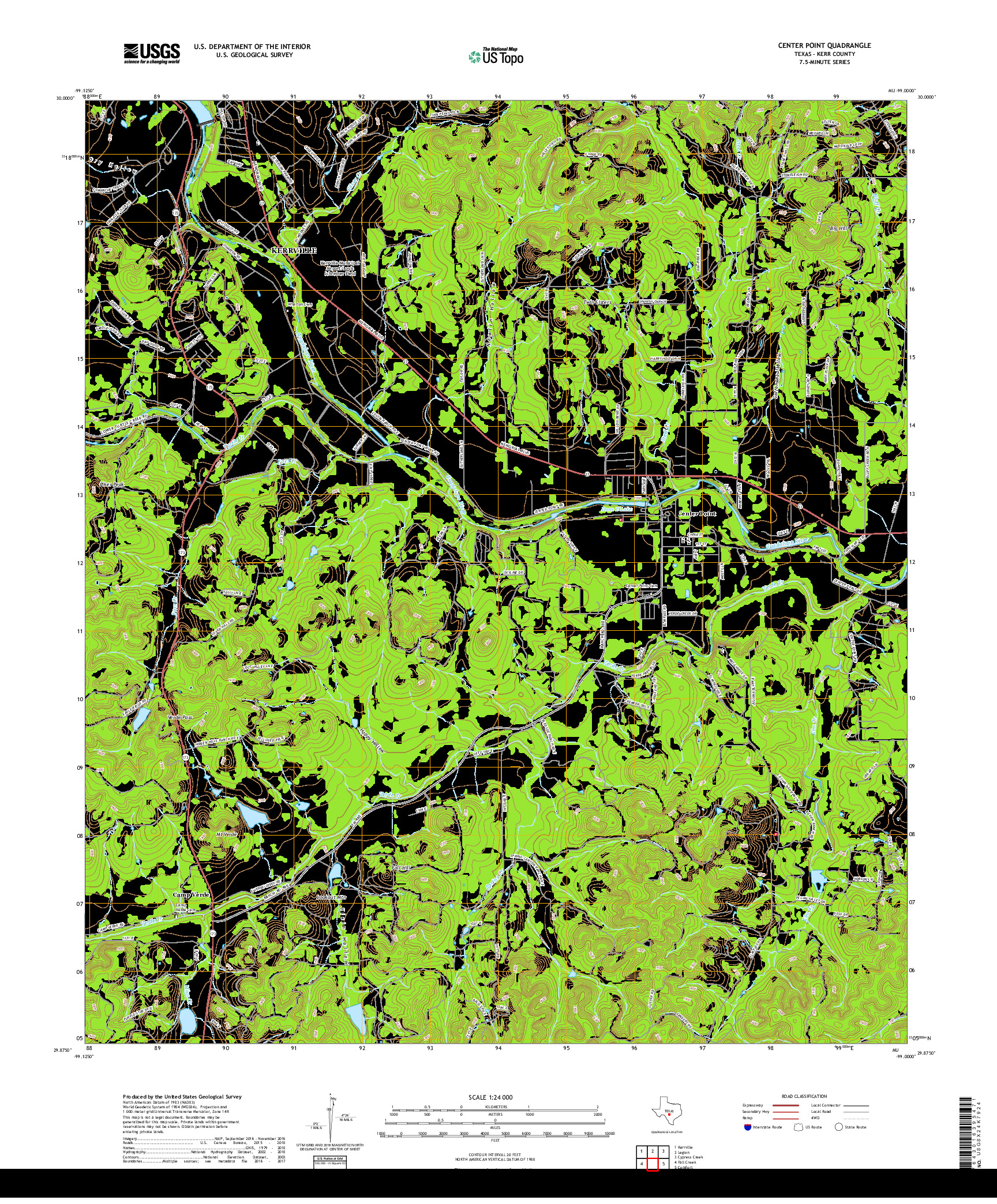 USGS US TOPO 7.5-MINUTE MAP FOR CENTER POINT, TX 2019