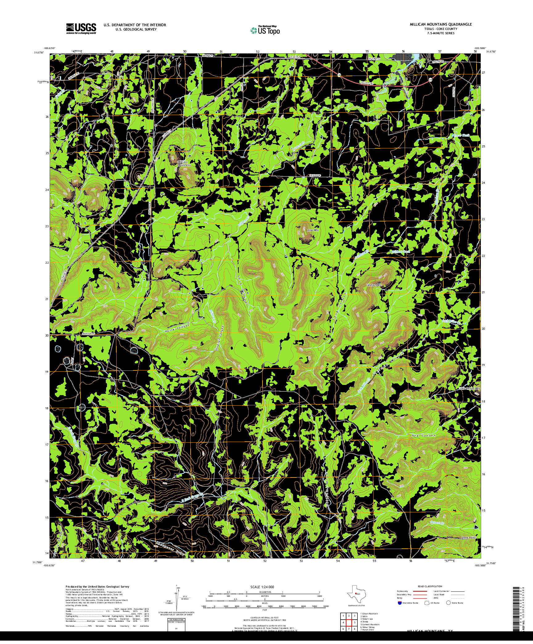 USGS US TOPO 7.5-MINUTE MAP FOR MILLICAN MOUNTAINS, TX 2019