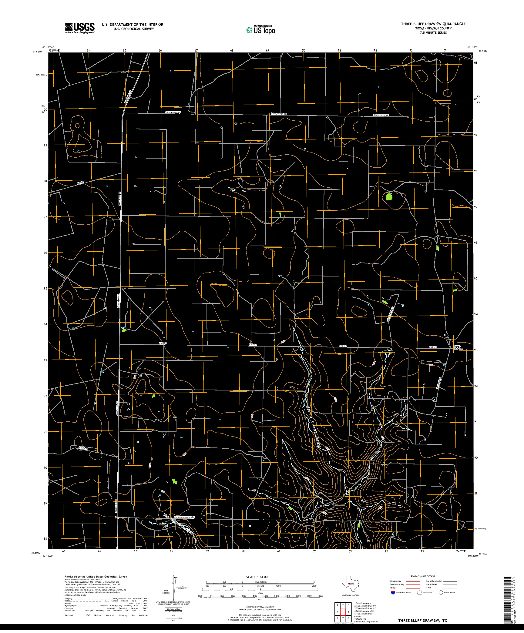 USGS US TOPO 7.5-MINUTE MAP FOR THREE BLUFF DRAW SW, TX 2019