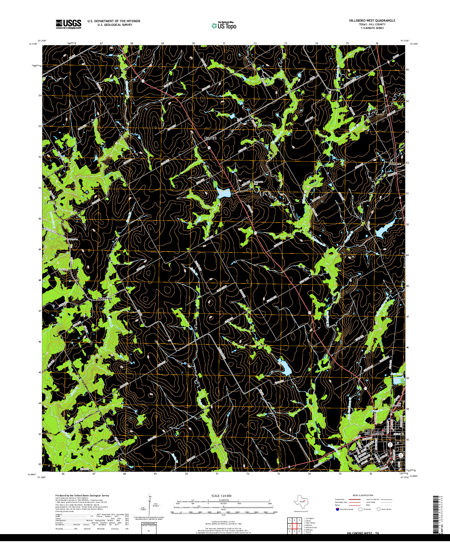 USGS US TOPO 7.5-MINUTE MAP FOR HILLSBORO WEST, TX 2019