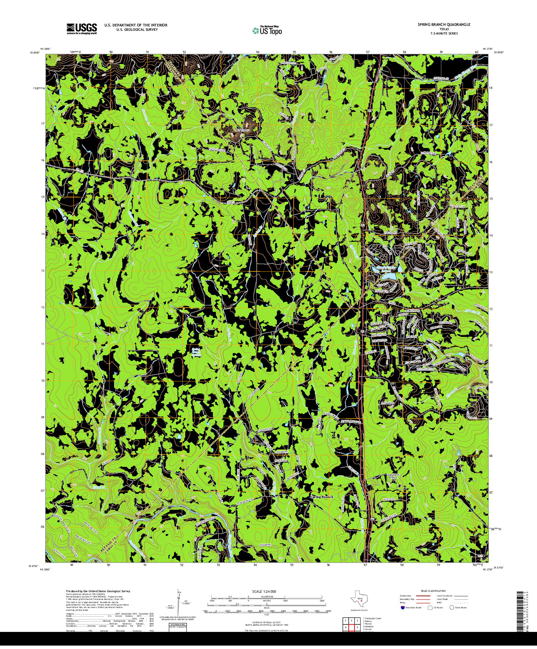 USGS US TOPO 7.5-MINUTE MAP FOR SPRING BRANCH, TX 2019