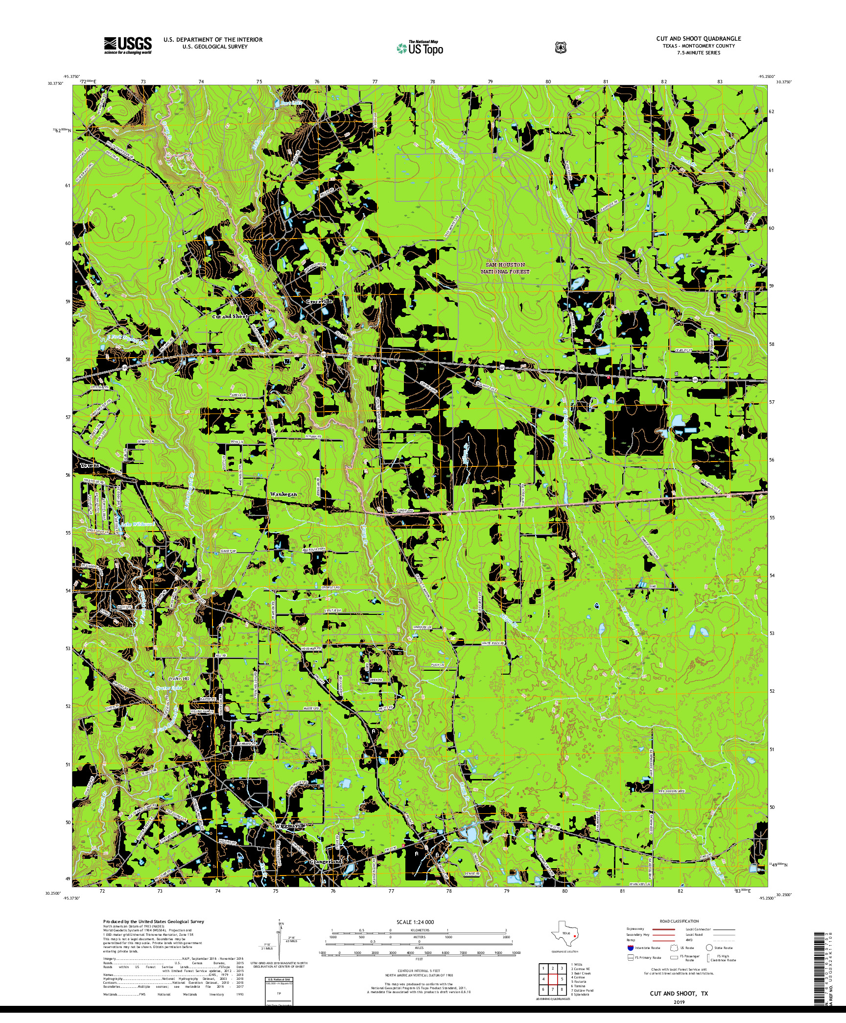 USGS US TOPO 7.5-MINUTE MAP FOR CUT AND SHOOT, TX 2019