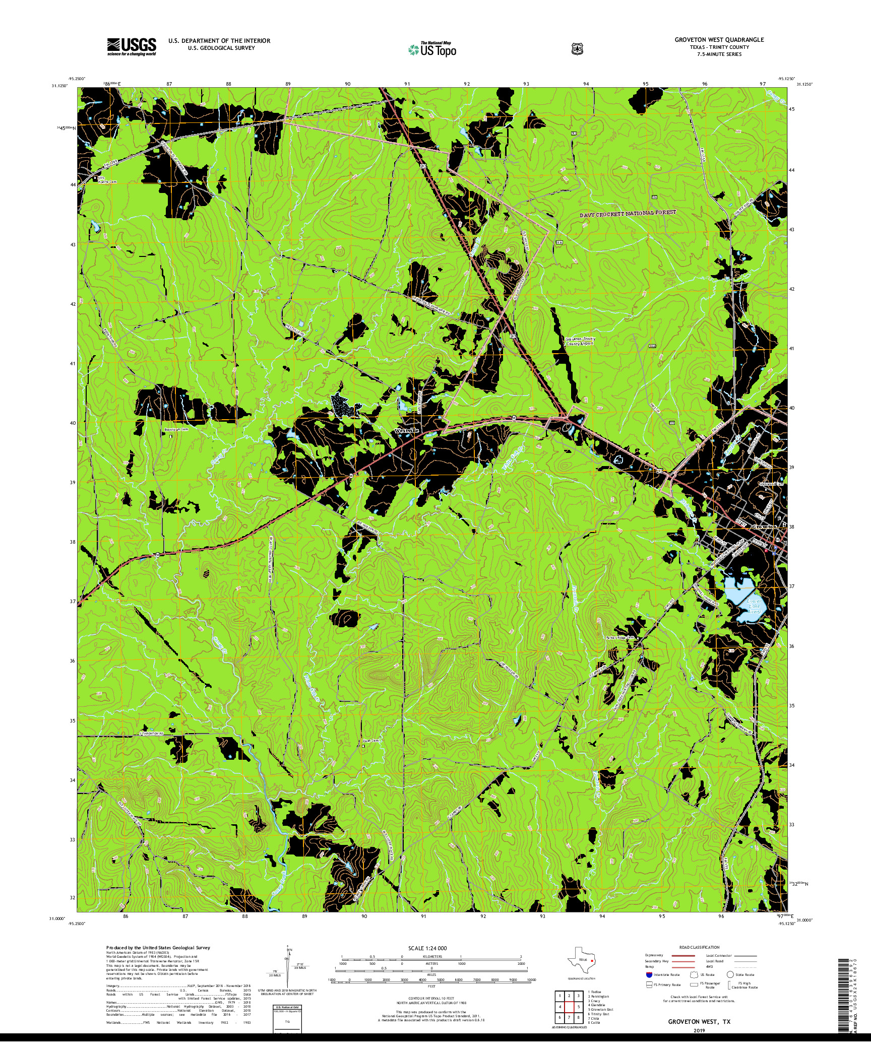 USGS US TOPO 7.5-MINUTE MAP FOR GROVETON WEST, TX 2019