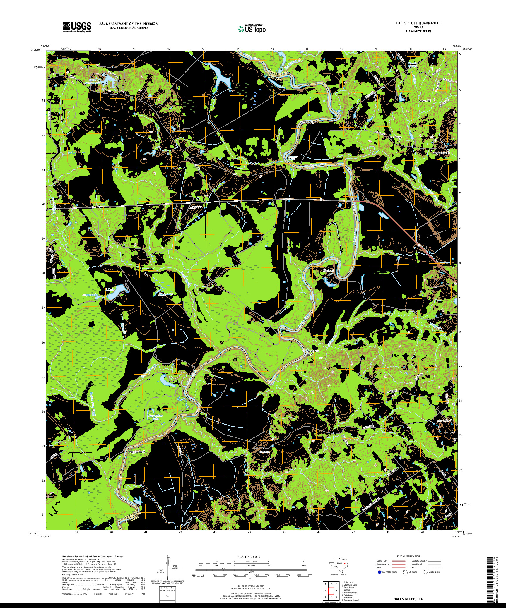 USGS US TOPO 7.5-MINUTE MAP FOR HALLS BLUFF, TX 2019