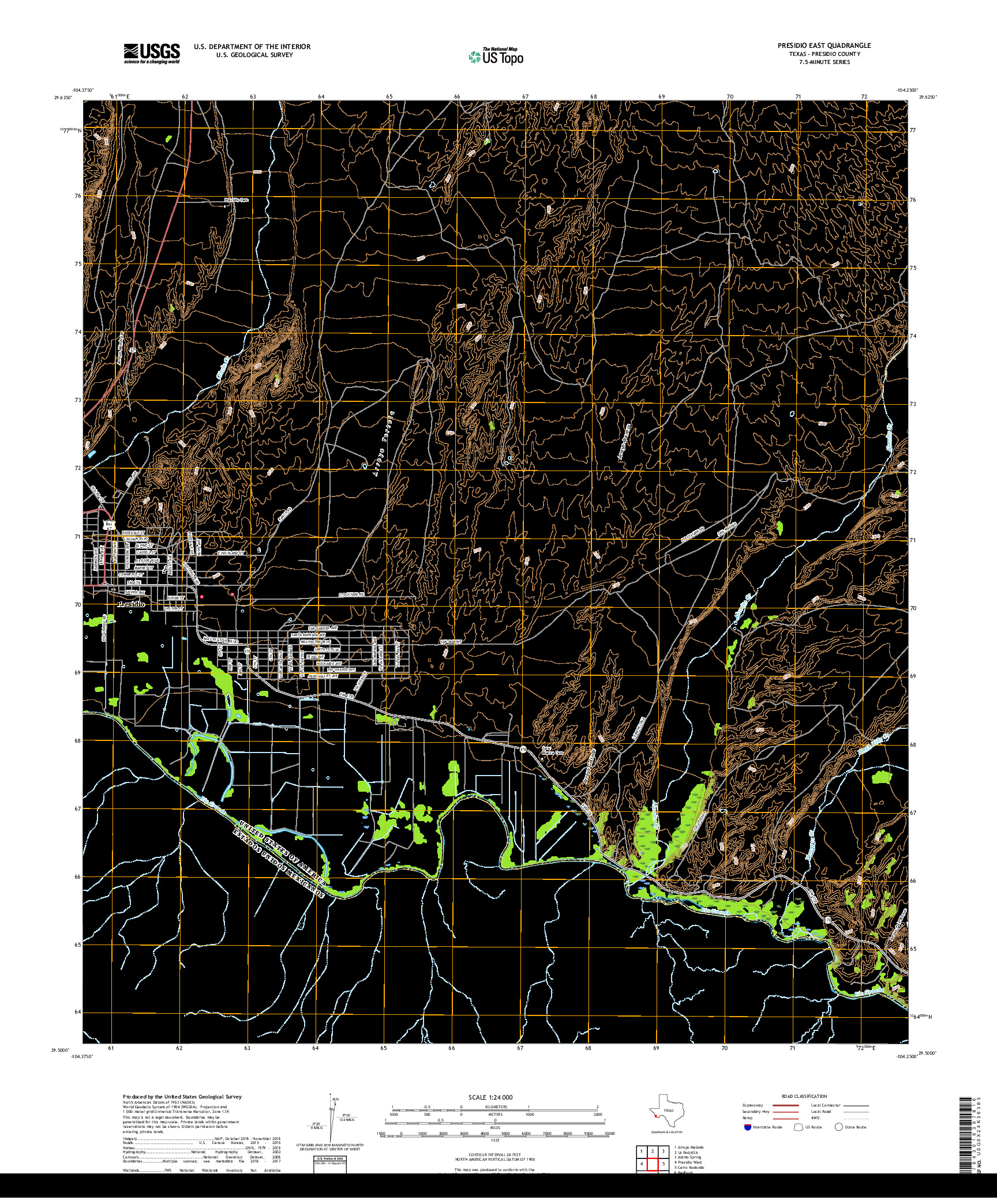 USGS US TOPO 7.5-MINUTE MAP FOR PRESIDIO EAST, TX,CHH 2019