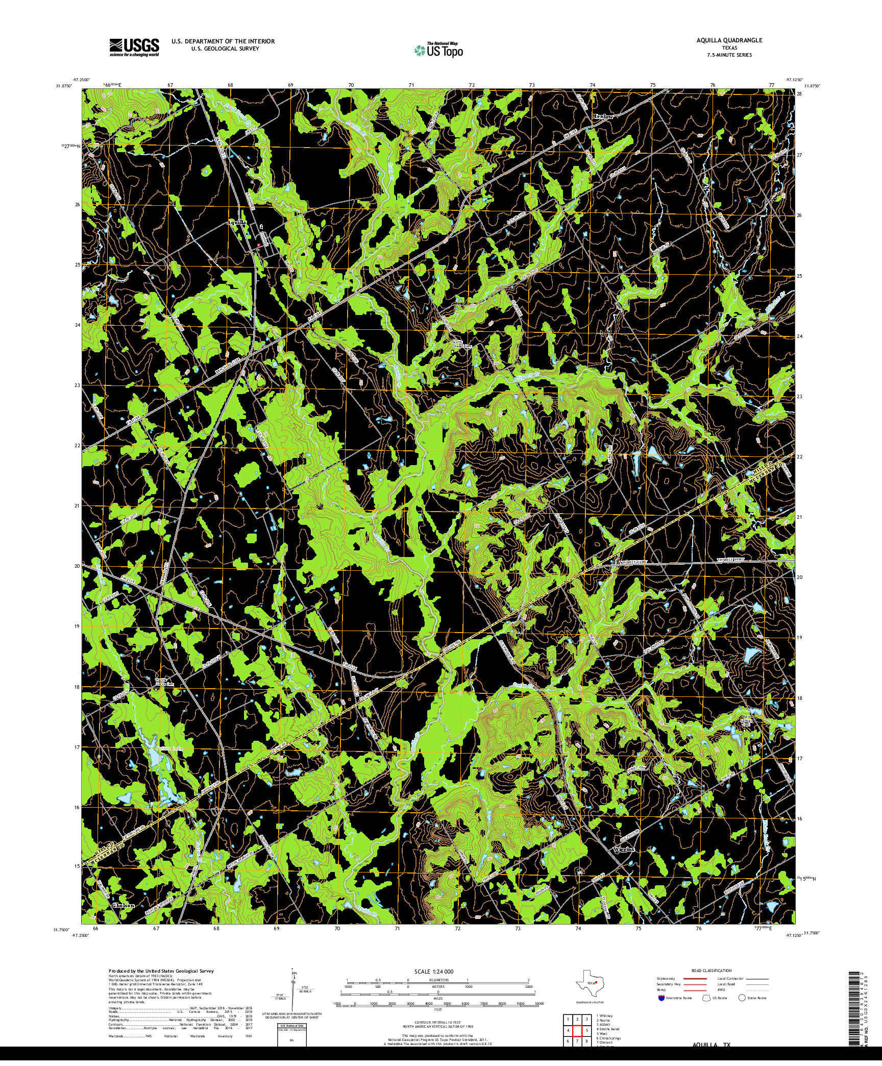 USGS US TOPO 7.5-MINUTE MAP FOR AQUILLA, TX 2019