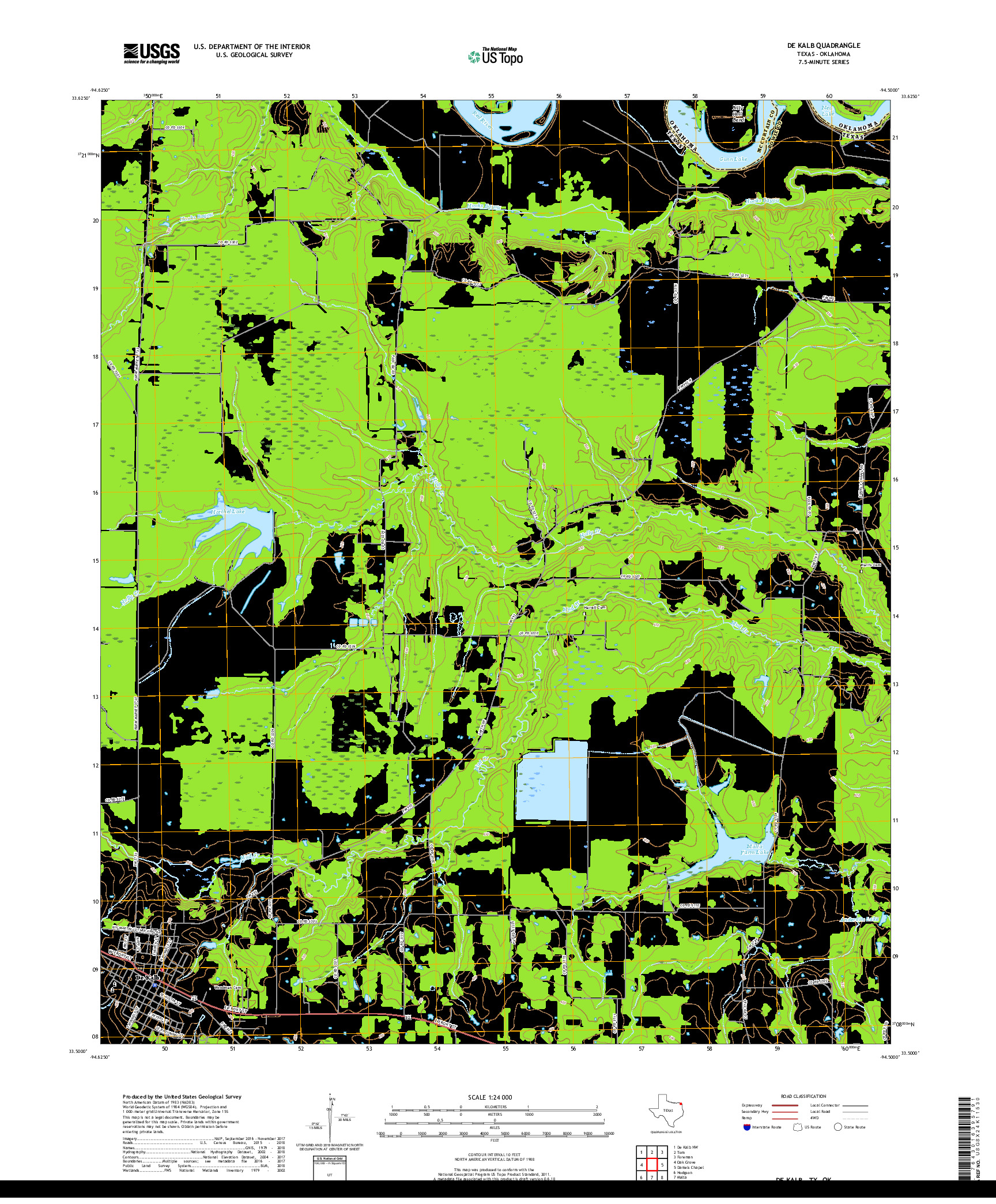 USGS US TOPO 7.5-MINUTE MAP FOR DE KALB, TX,OK 2019