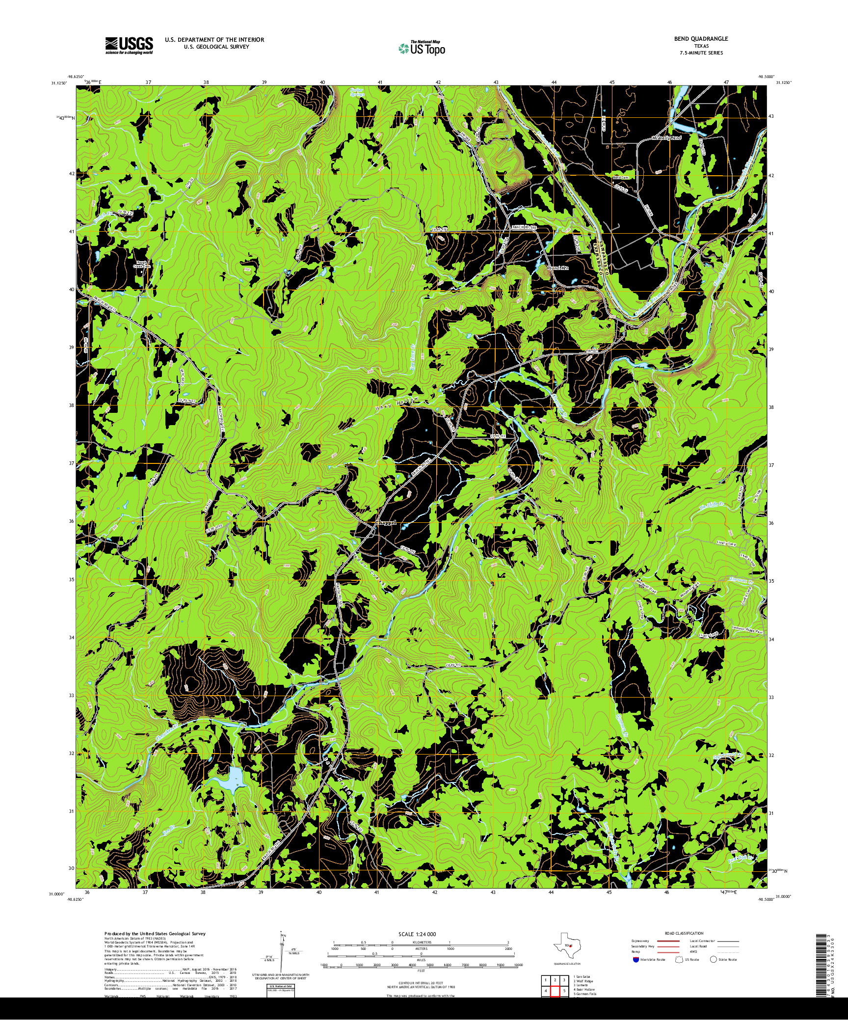 USGS US TOPO 7.5-MINUTE MAP FOR BEND, TX 2019