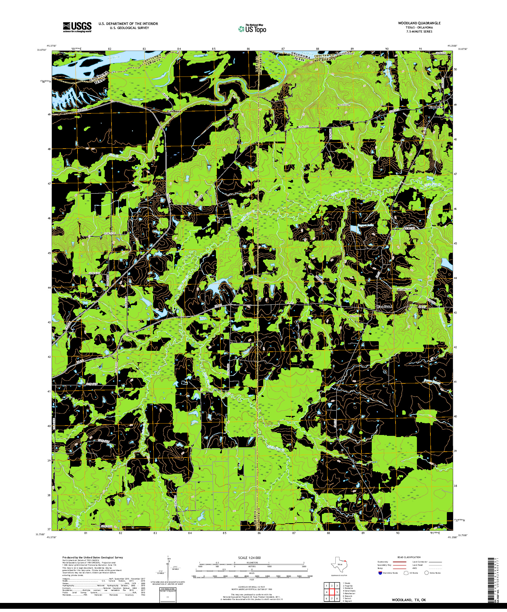 USGS US TOPO 7.5-MINUTE MAP FOR WOODLAND, TX,OK 2019