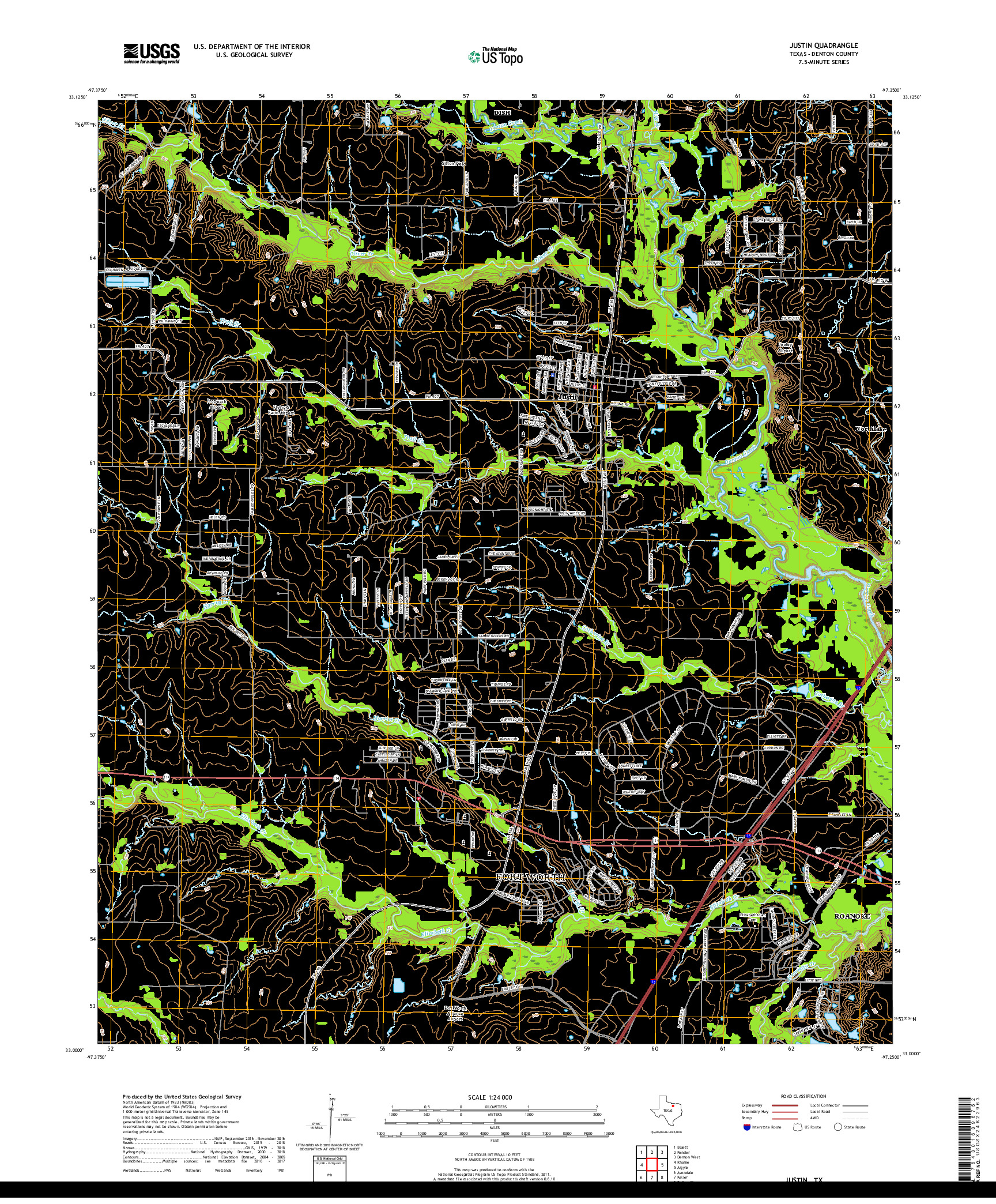 USGS US TOPO 7.5-MINUTE MAP FOR JUSTIN, TX 2019