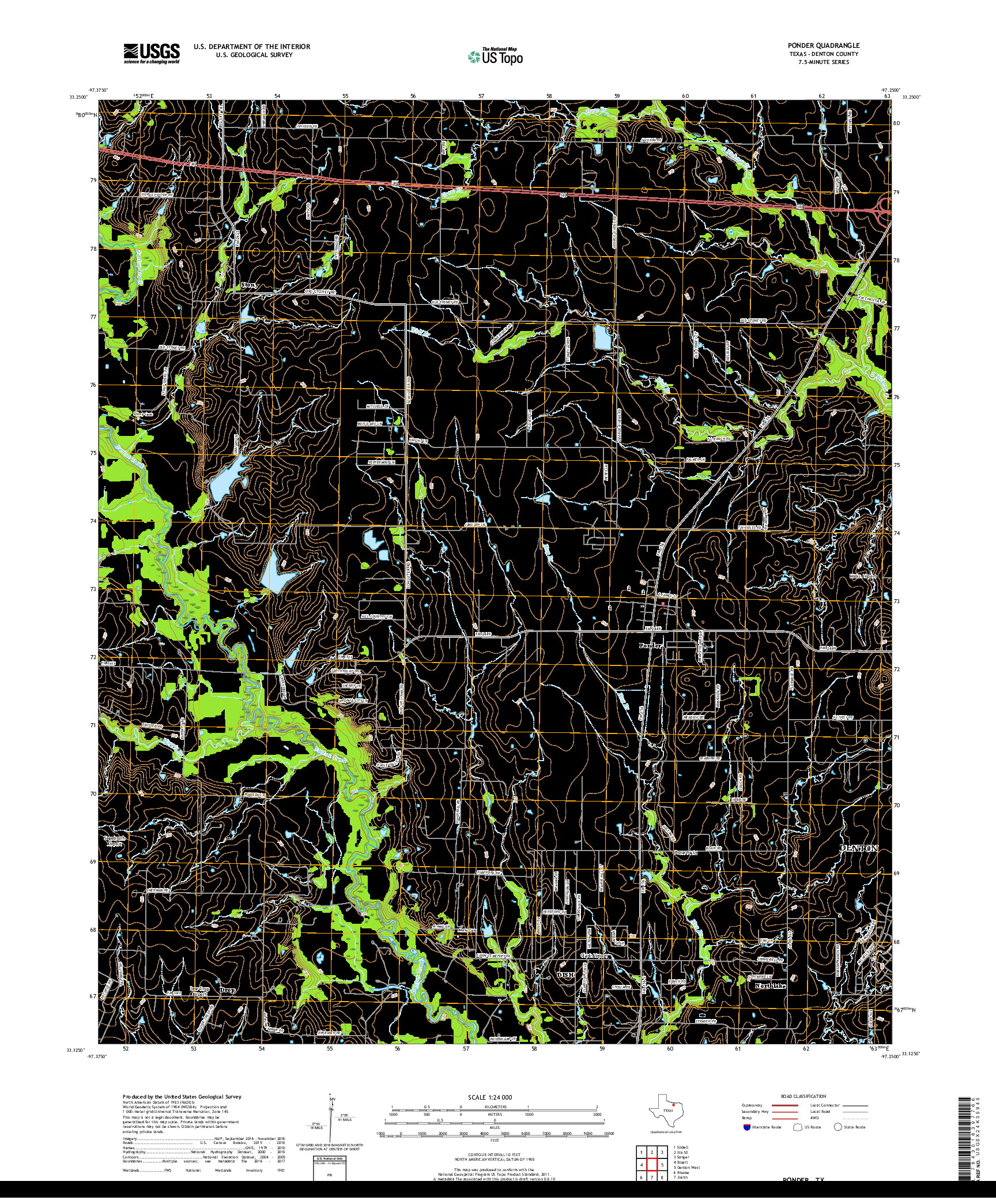 USGS US TOPO 7.5-MINUTE MAP FOR PONDER, TX 2019