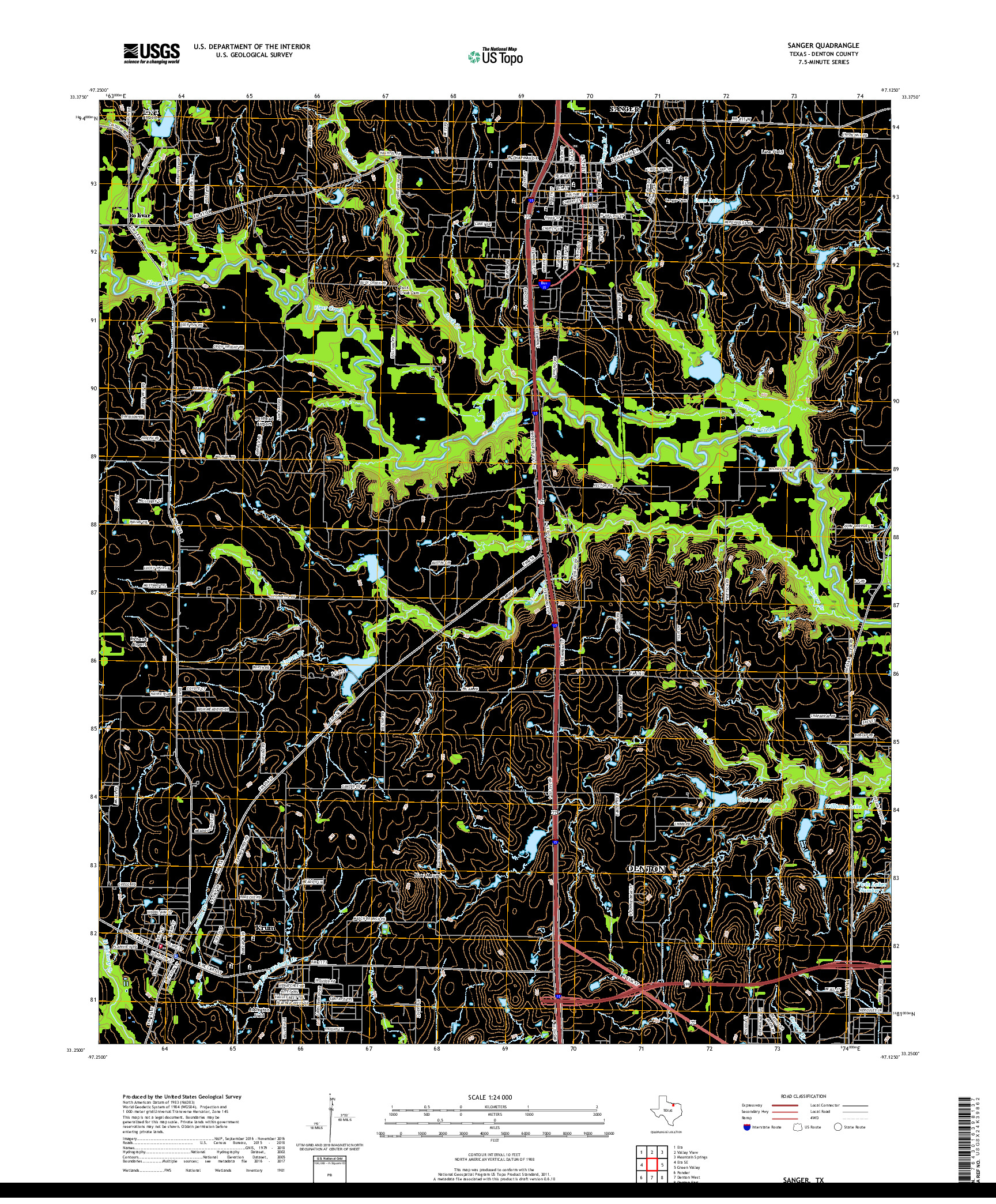 USGS US TOPO 7.5-MINUTE MAP FOR SANGER, TX 2019