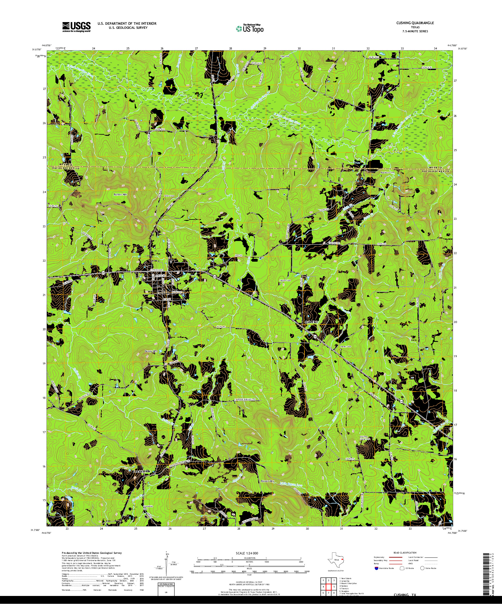 USGS US TOPO 7.5-MINUTE MAP FOR CUSHING, TX 2019