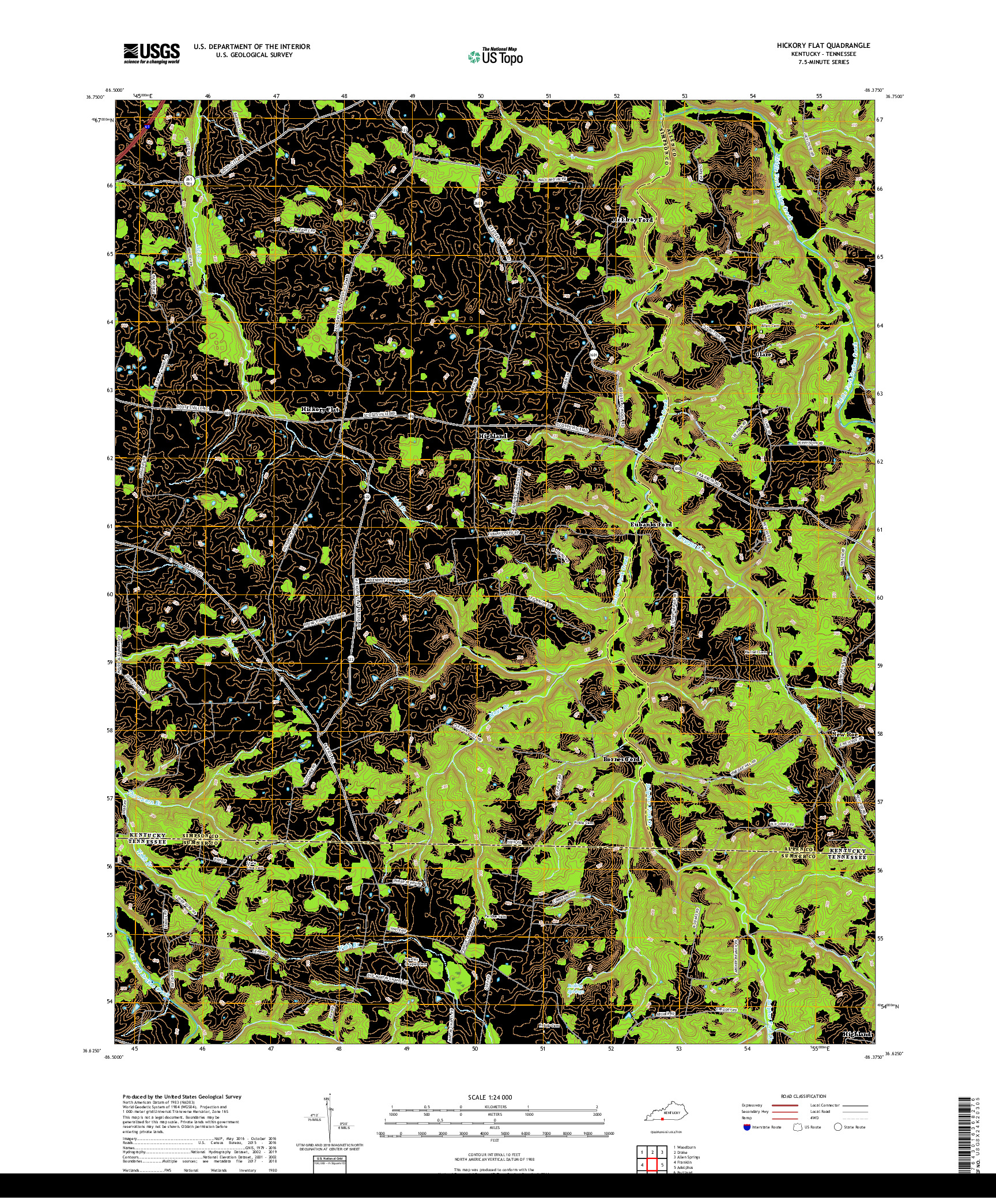 USGS US TOPO 7.5-MINUTE MAP FOR HICKORY FLAT, KY,TN 2019